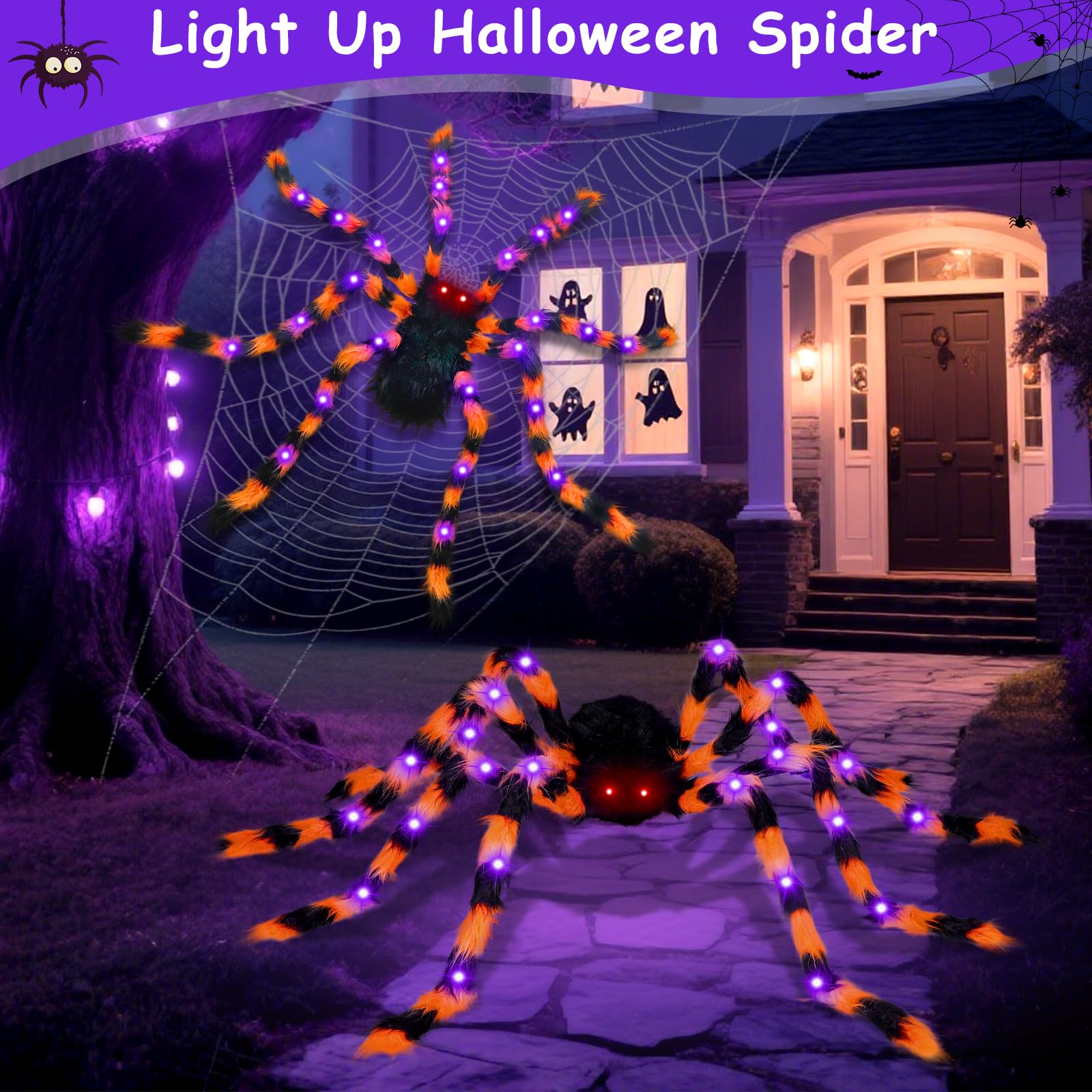 Confezione da 2 ragni giganti di Halloween da 127 cm, ogni ragno arancione e nero con 26 luci LED viola, ragno finto spaventoso che si illuminano per esterni, cortile, portico, giardino, prati