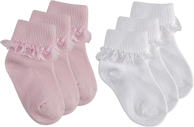 Tick Tock Pack of Baby Girls Cotton Rich Frilly Lace Top Socks 3 Pink & 3 White 3-5.5