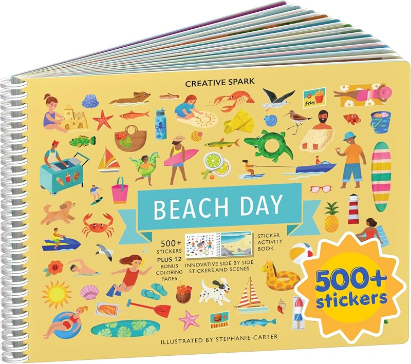 Beach Day 500+ Kids Sticker Book by Cupkin Fun Toddler Travel Activity Coloring and Sticker Book, Road Trip Essentials, 12 Coloring Pages 12 Side by Side Scenes for Ages 2–8 Years