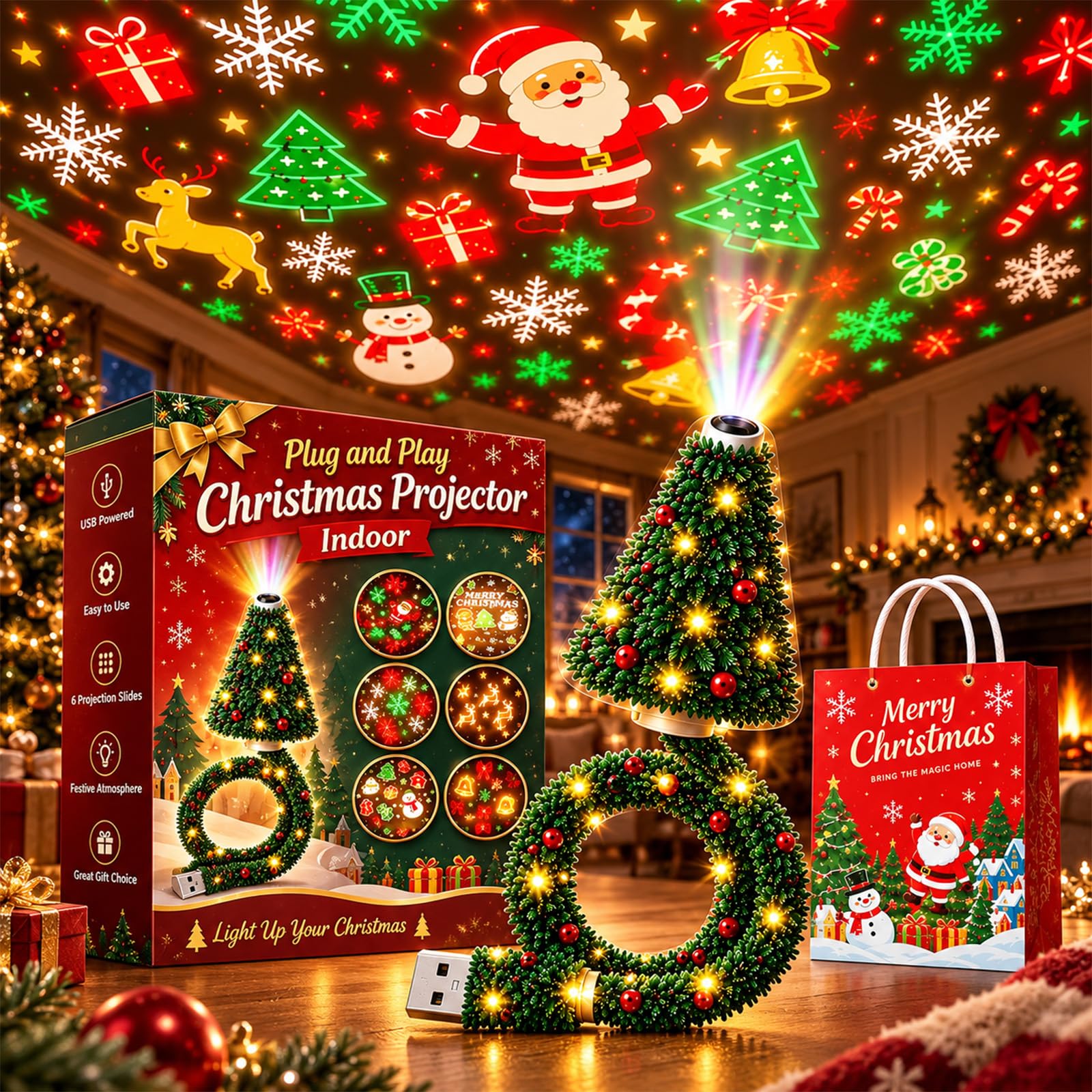 Christmas Tree Projector Night Light, Plug and Play Christmas Ceiling Projector Indoor with Warm HD Projection, USB Christmas Lights with 6+ Festive Scenes for Bedroom, Ceiling and Festive Decor，3PCS