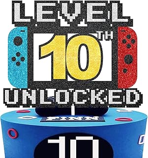 Level 10th Unlocked Cake Topper - Level 10th game Sign Theme Party Decorations 10th Birthday Level Up Cake Decorations for Video Game Themed Kids Boy Girl Party Supplies