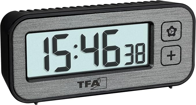 TFA Dostmann Mini-Wecker digital mit Temperatur und Luftfeuchtigkeit Switch, 60.2039.10, mit Höchst- und Tiefstwerte, mit Weckalarm und Quarzuhr, Reisewecker, klein, Nicht tickend, grau