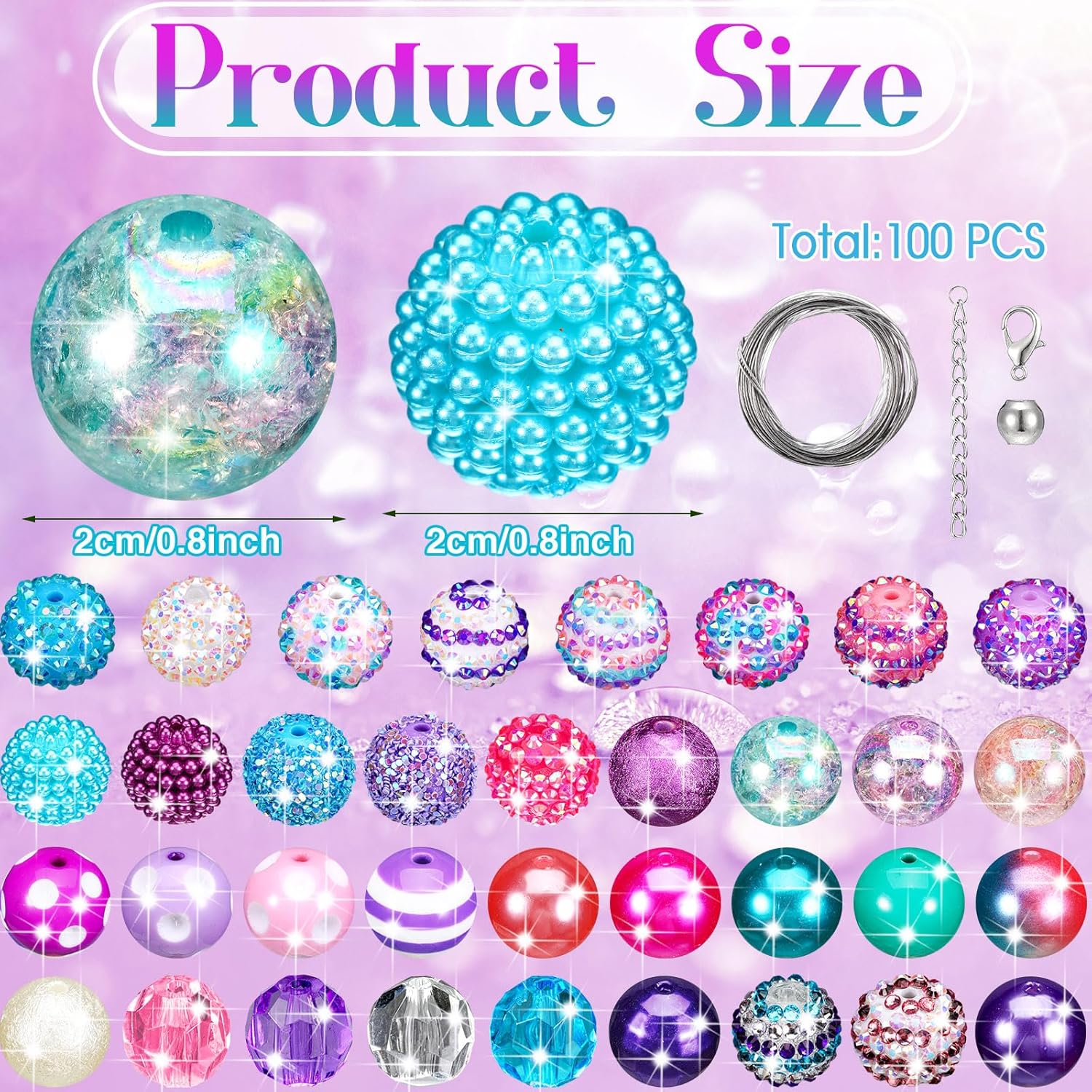 Zeyune 100 Pcs Colorful Chunky Bubblegum Beads 20mm Round Chunk Plastic Rhinestone Large Beads for Pen Jewelry Chain Making Craft Spacer Supplies Wedding Garland DIY (Colorful,Mermaid) - Image 2