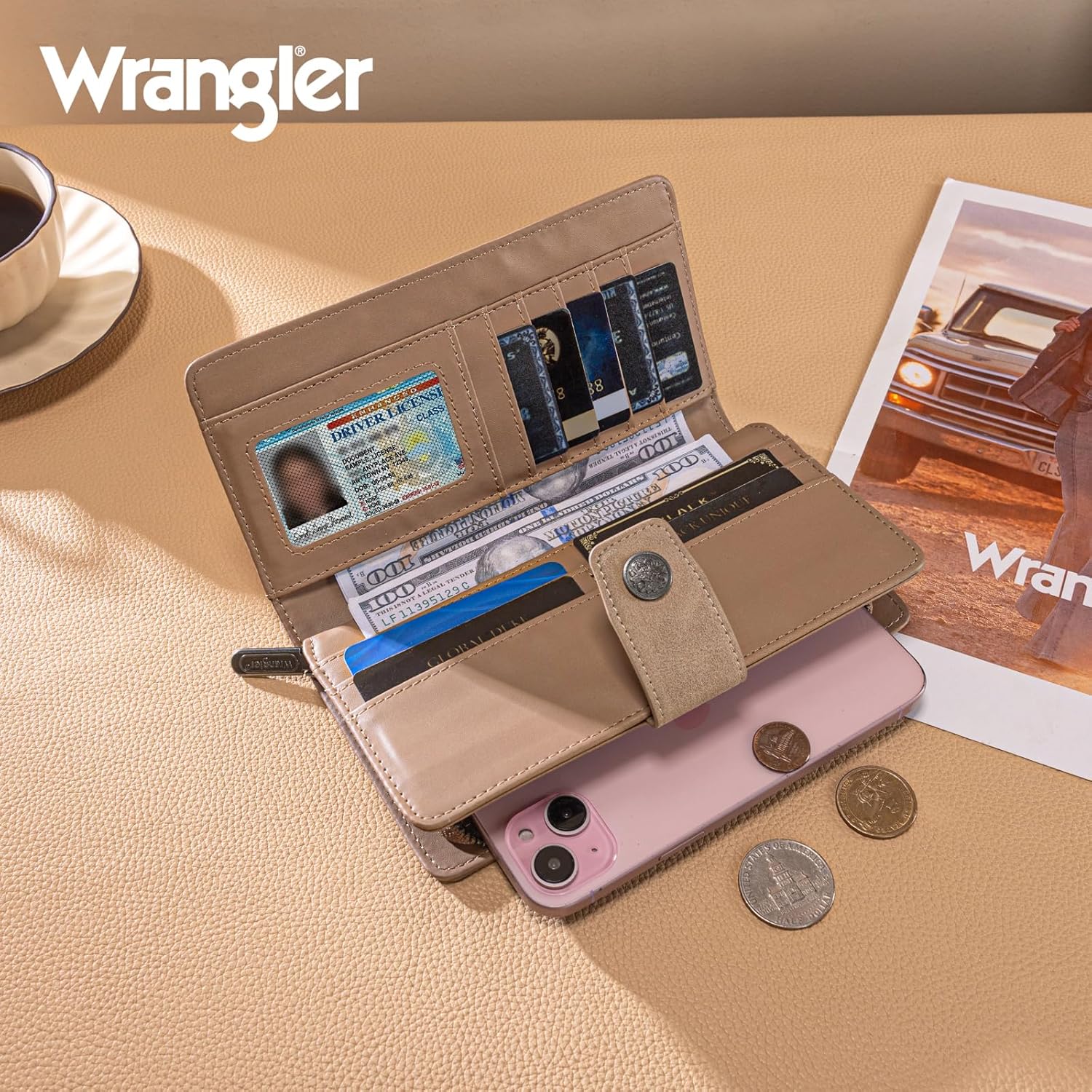 Montana West X Wrangler Women's Wallet Western Tooling Flower Wallets, Card Cases & Money Organizers Large Capacity Biflod Phone Clutch Wallet Ladies Female Credit Card Cash Zipper Wallets