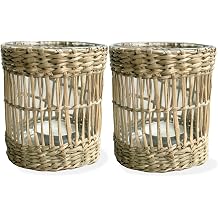 Natural Rattan Wicker Woven Tea Light Candle Holder, Decorative Hand Woven Votive Tealight Candle Holder, Rustic Vintage Seagrass Glass Hurricane for Dining Table Kitchen Decor Holiday