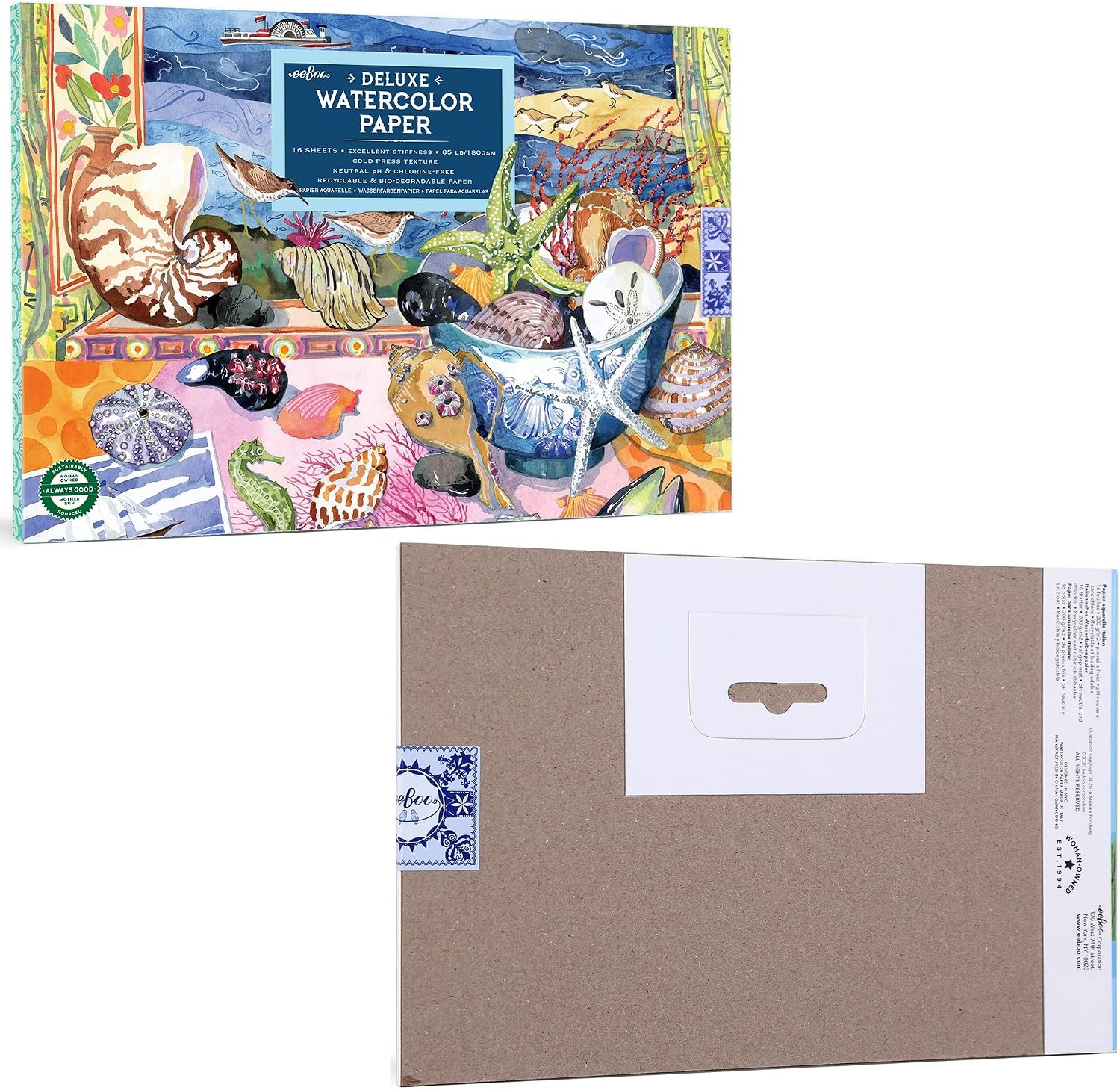 eeBoo: Seashells Deluxe Watercolor Pad – 16 Sheets, 180GSM/85LB Paper, Natural pH & Chlorine-Free, Painting Art Supplies, Kids Ages 3+
