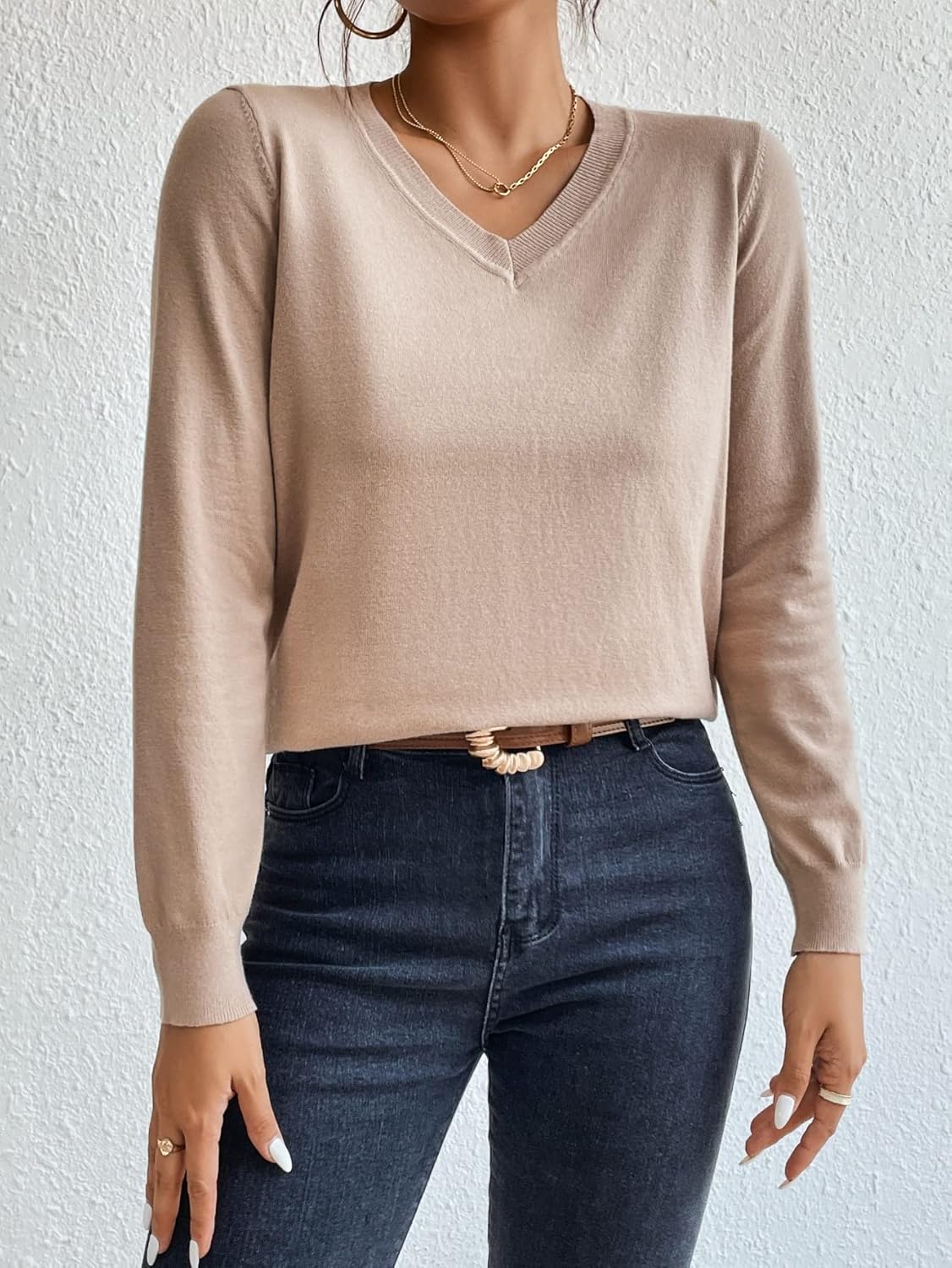 BEDAW Women's Sweater Solid Neck Sweater Sweater for Women (Color : Apricot, Size : Large)