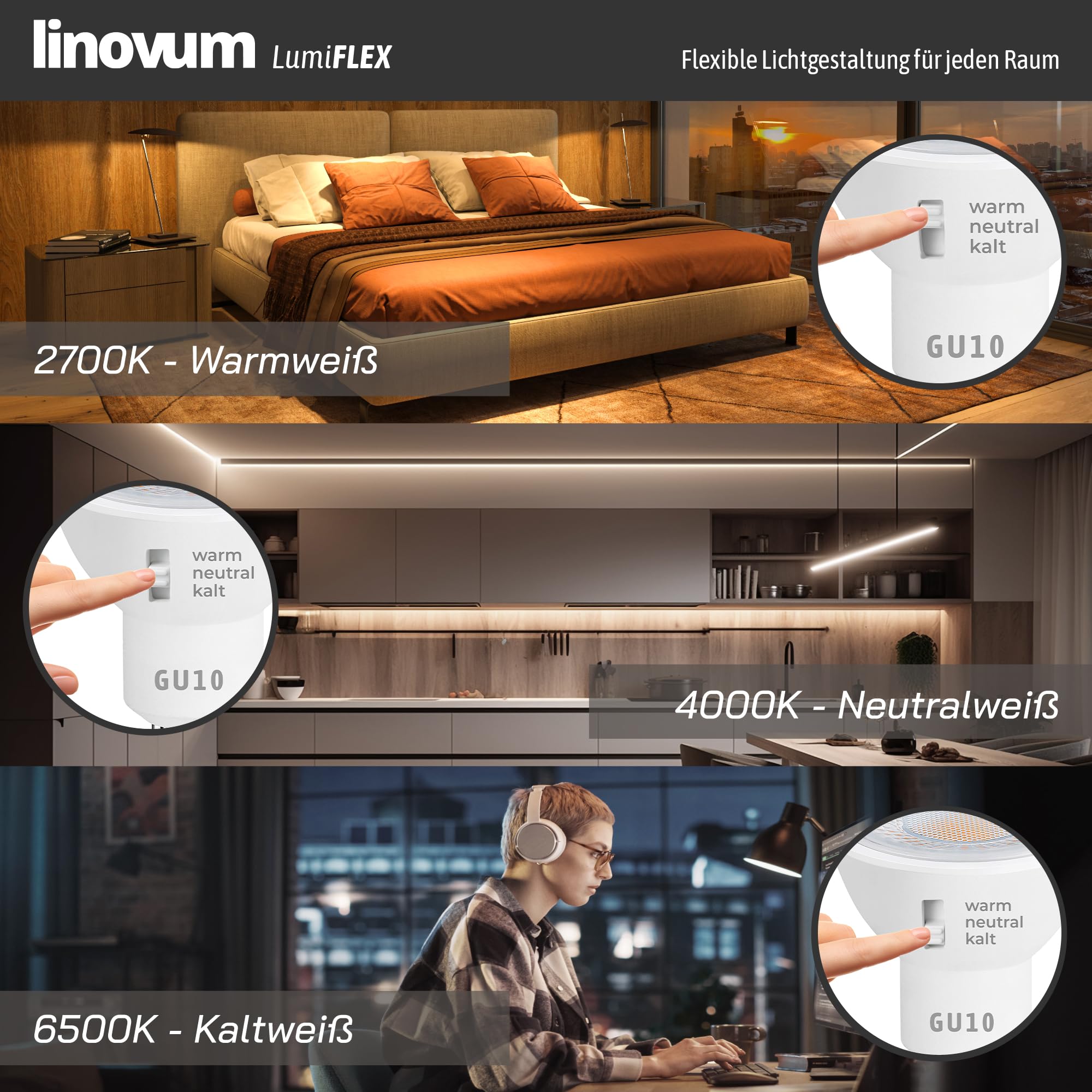linovum 10er Set LED Einbauspot eckig Edelstahl Optik - schwenkbarer Einbaustrahler 230V inkl. GU10 6W warmweiß + neutralweiß + tageslicht
