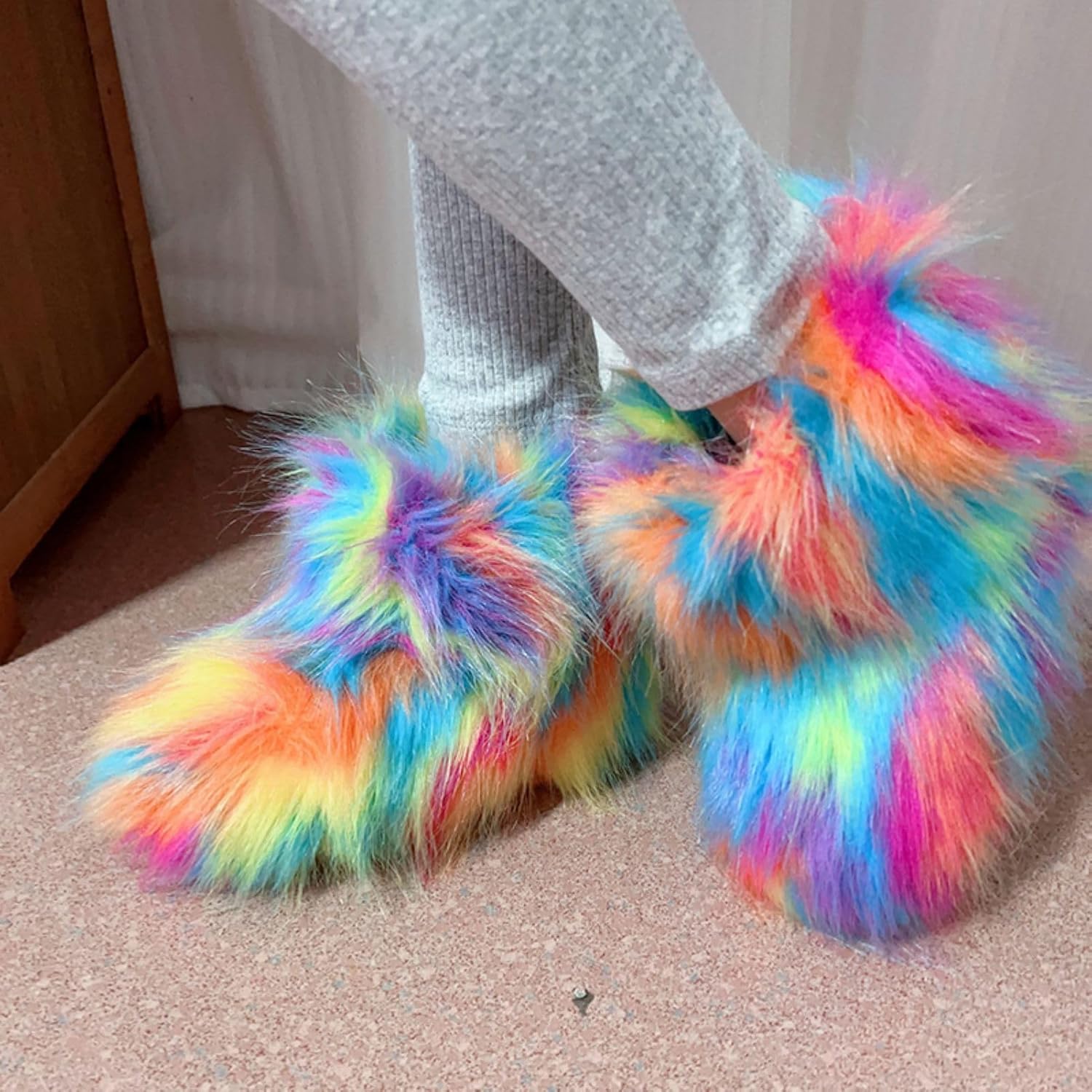 Girls Faux Fur Mid-Calf Snow Boot Winter Warm Furry Fluffy Shoes
