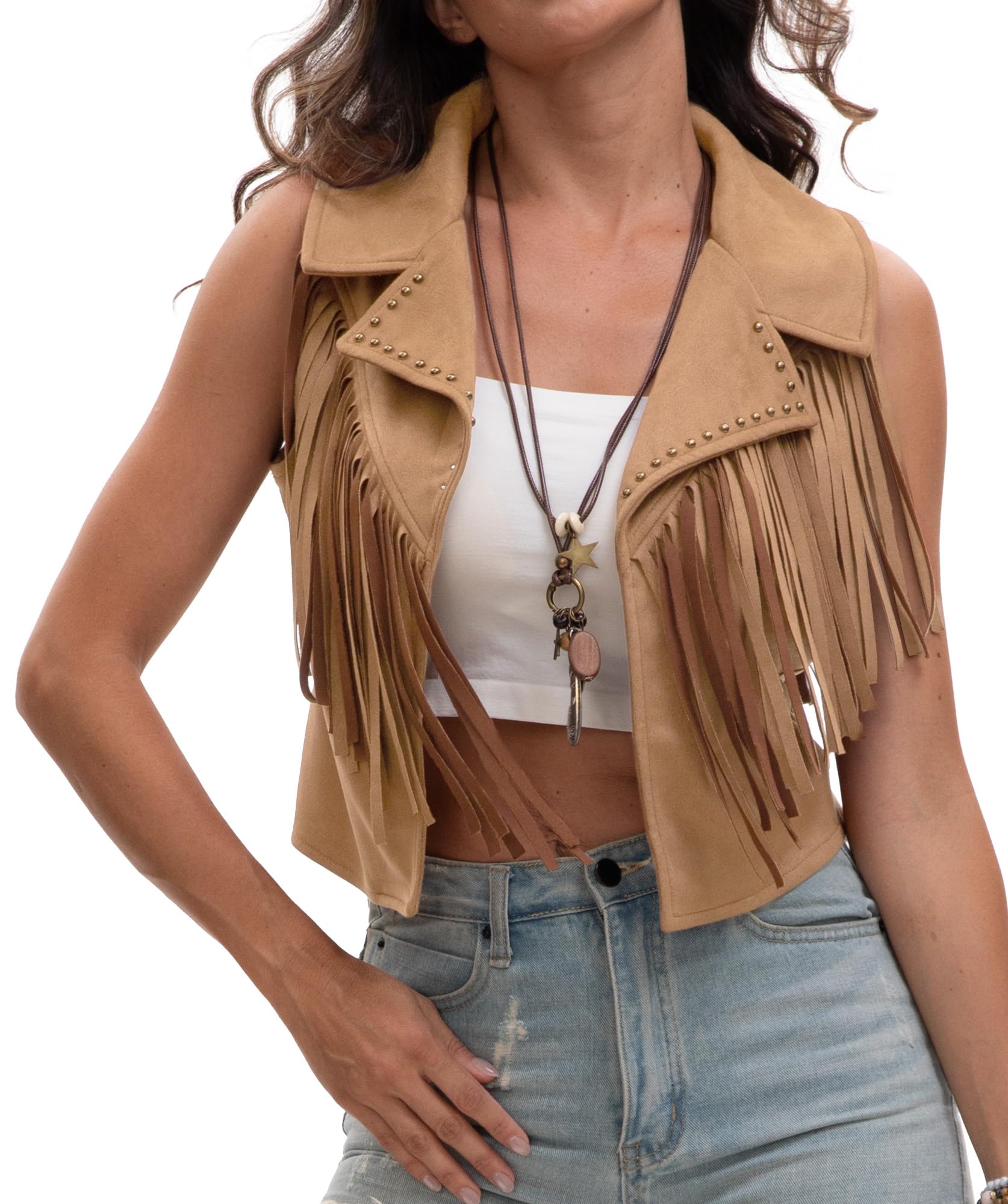 Panegy Femmes Fringe Gilet Gilet 70s Hippie Faux Suede sans manches Tassel Veste ouverte avant Cowgirl Rivets Cardigan