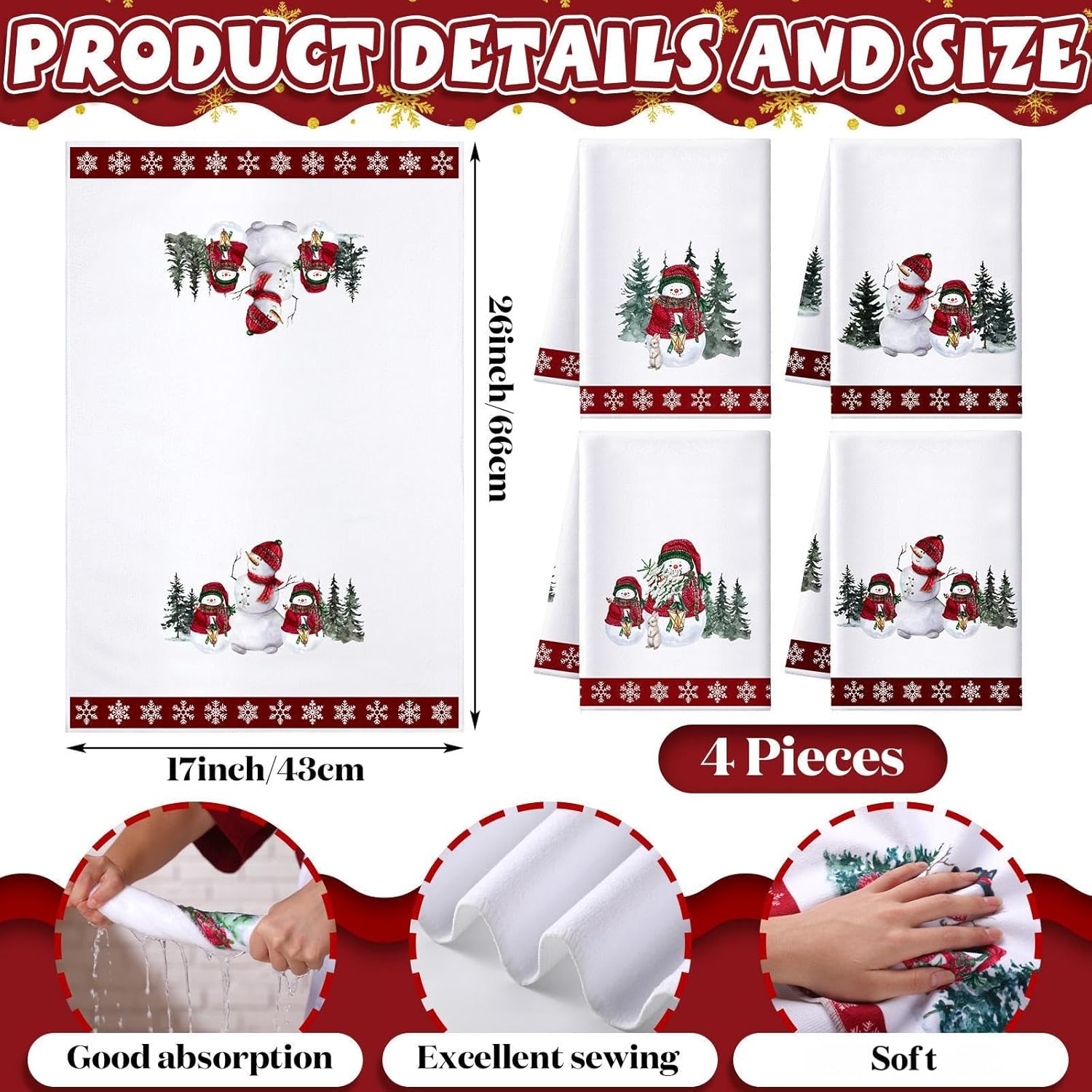 Preboun 4 Pack Christmas Snowman Kitchen Towels Set 17 x 26inch Absorbent Xmas Dish Towel Christmas Tree Snowflake Snowman Bath Towel Decorative Winter Tea Towel for Housewarming Cooking Bathroom Gift - Image 4