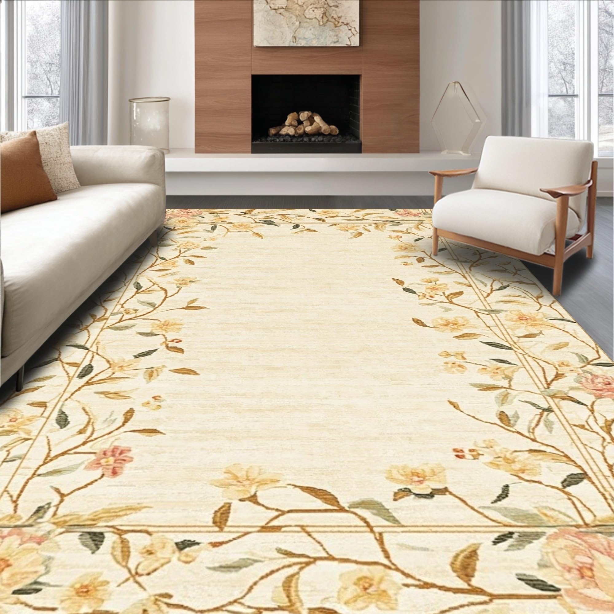 Ultra Soft Area Rug 5x8, Retro Beige Abstract Floral and Curvilinear, Non Slip, Stain Resistant, Washable Area Rugs for Living Room, Bedroom(Beige, 6x9)
