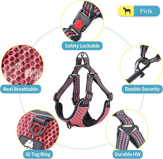 BAAPET Breathable Dog Harness for Small Puppy, Medium or Large Dogs Step-in and Air Mesh with 6 Feet Reflective Rope Dog Leash (XL - 6 FT x Chest (24~28''), Pink)