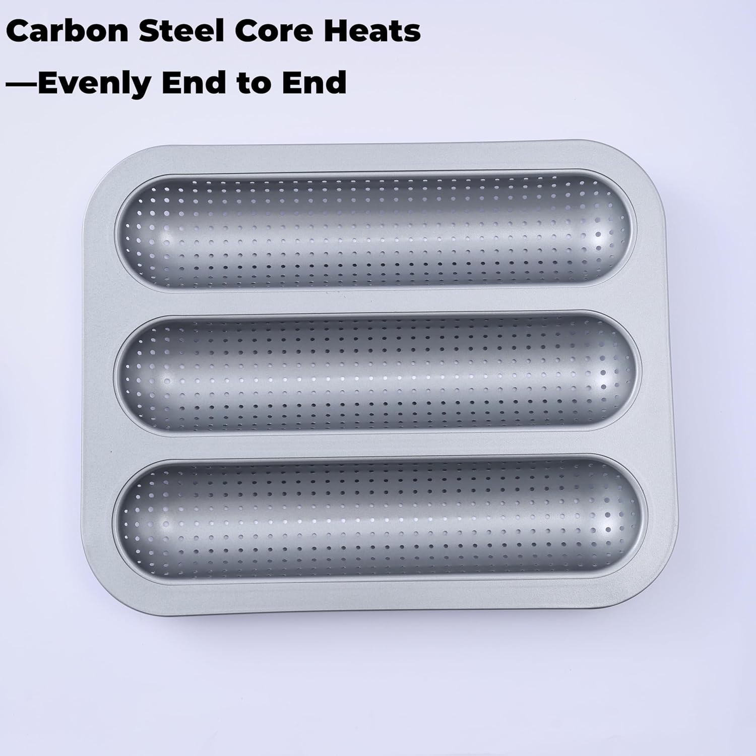 Metal Sub Roll & Hoagie Roll Baking Pan 12 inch, 3-Slot Perforated French Bread & Mini Baguette Pan, Nonstick Carbon Steel Bread Baking Tray for Homemade Subs & Sandwich Rolls