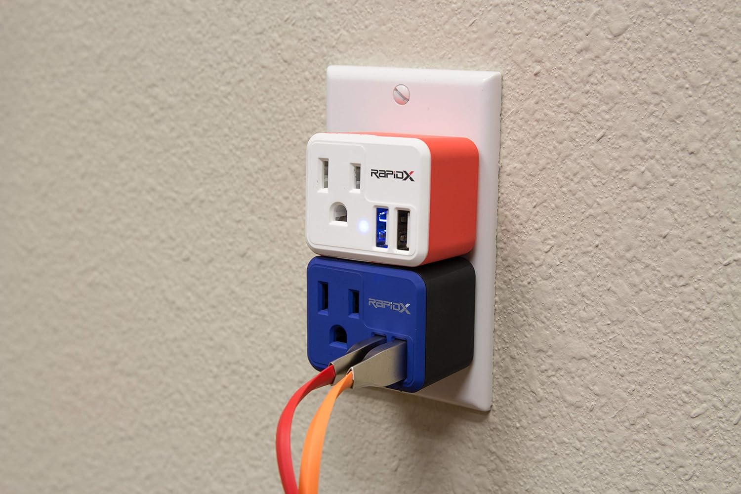 Two RapidX PowX Wall Outlet with USB Chargers, red and blue, stacked in a duplex outlet