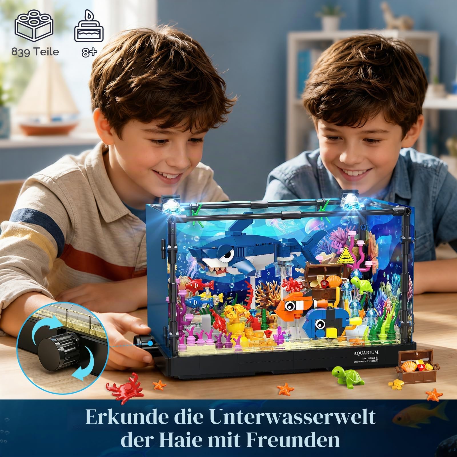 HOGOKIDS Technik Hai Aquarium Bauspielzeug mit Licht für Jungen ab 8 Jahren | Bewegliches Fish Tank Spielzeug mit Hai Figur, Schatztruhe & Meerestieren, Weihnachten Geburtstag Geschenk für Kinder Mädchen