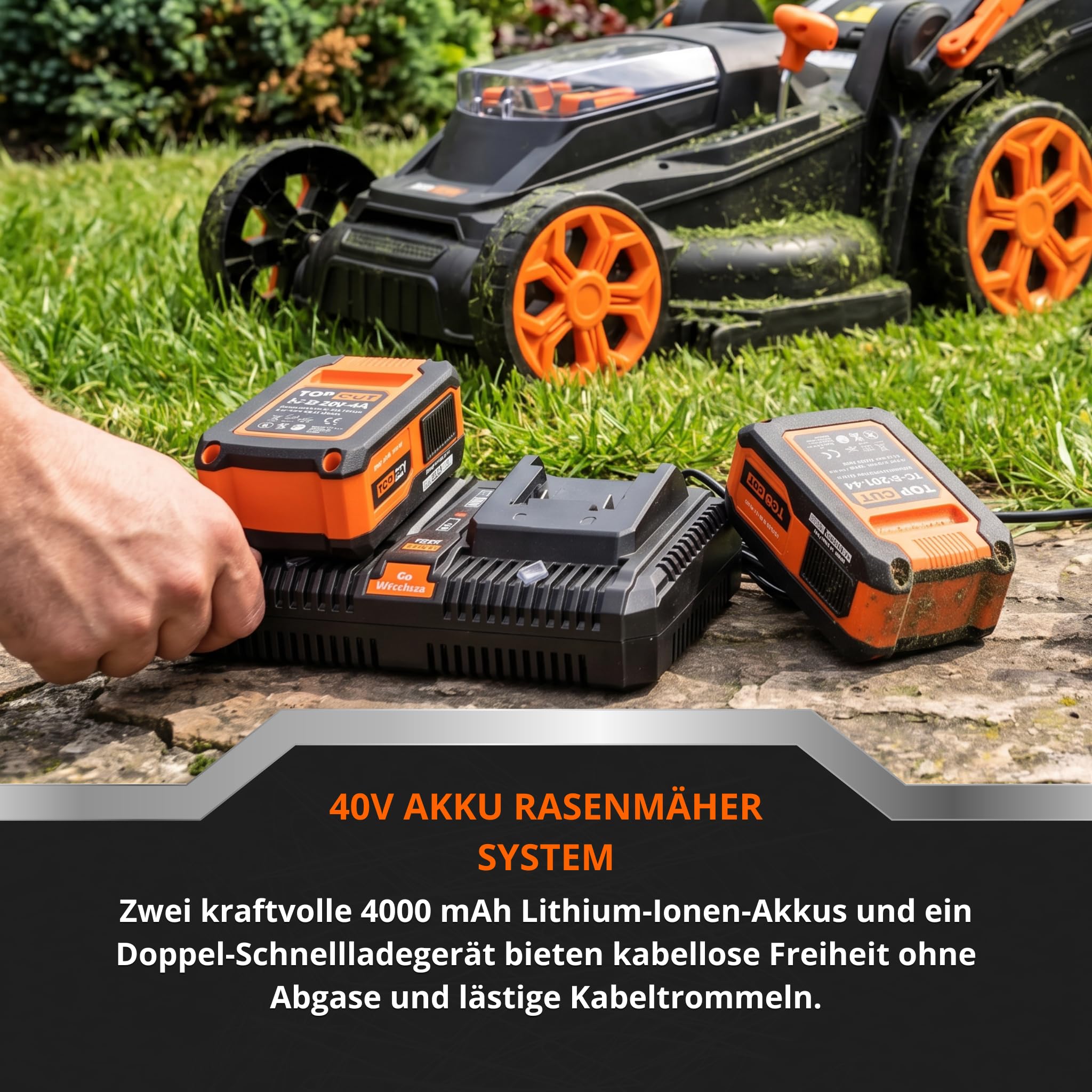 TOP CUT TC-LB-38-40V | Akku Rasenmäher Bürstenlos 38cm | 2X 4Ah Akku Doppel Ladegerät 45L Fangkorb 6 Stufen Schnitthöhe | Leichter Elektro Rasenmäher Schnurlos für Garten und Rasenpflege