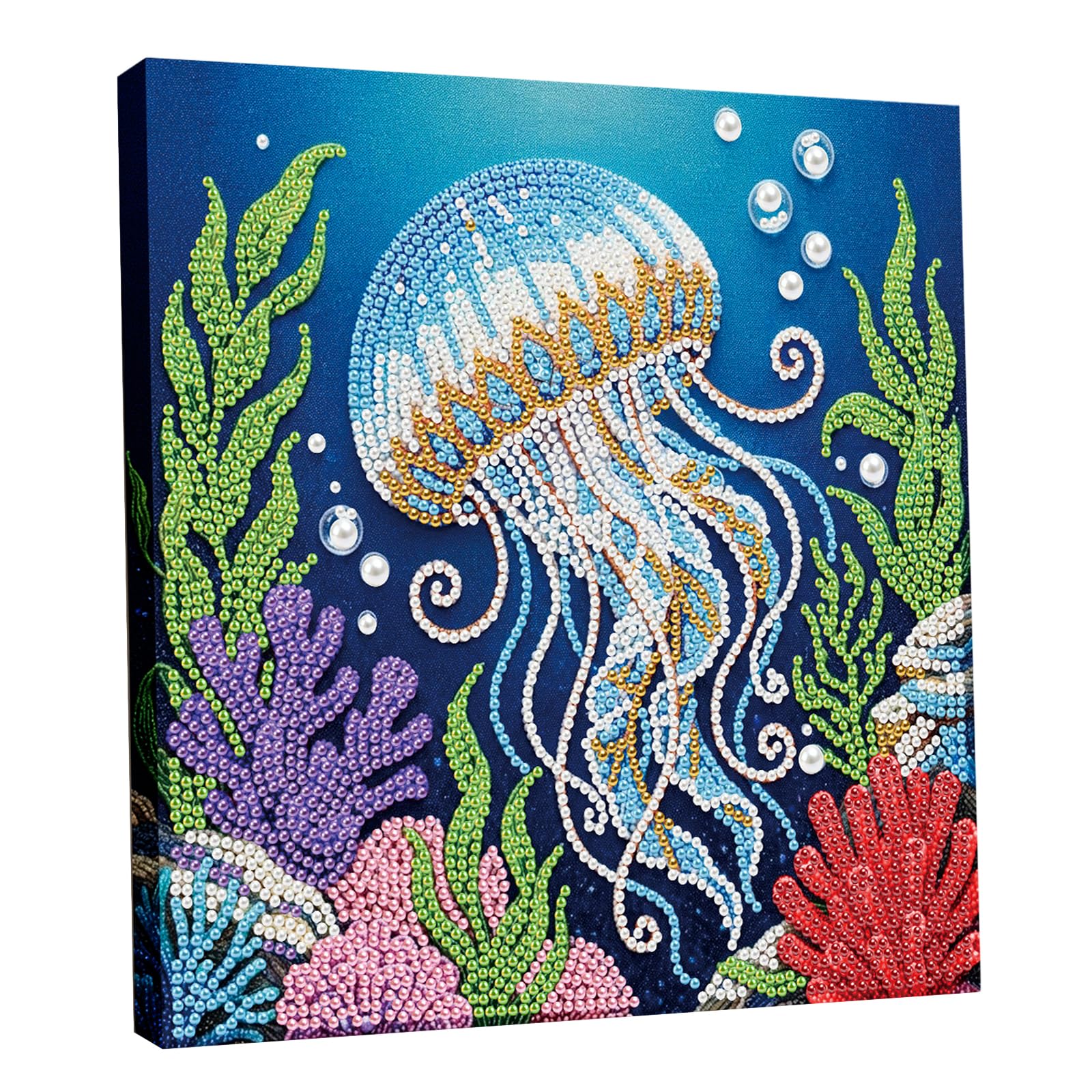 DIY Pearl Painting Kit with Wooden Frame, 3D Plastic Pearl Gemstone Ocean Art Craft for Adults Beginners, Diamond Dot Painting, Home Wall Decor Ready Gift for Women(Jellyfish)(25 * 25cm)