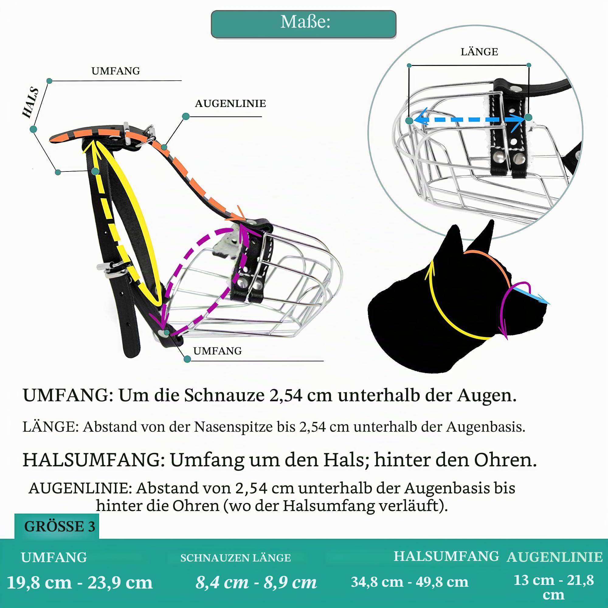 Hundemaulkörbe aus verchromtem Metall, verstellbare Lederriemen (Nr. 3). Der Umfang beträgt 19,8–23,8 cm, die Länge beträgt 8,3–9 cm