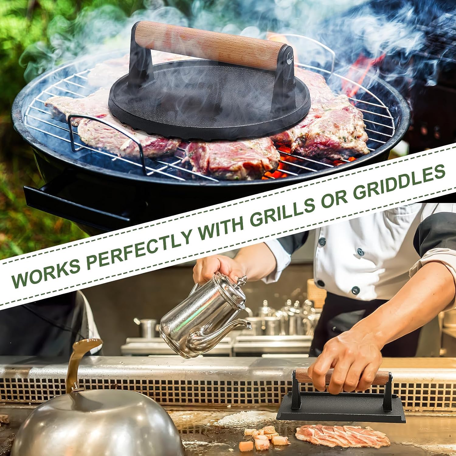 MEETOZ Burgerpresse, 17,8 cm rund und 21,3 x 10,9 cm, rechteckig, robuste Gusseisen-Grillpresse mit Holzgriff, perfekt für Grillplatten, Sandwich, Antihaft-Pfanne, 2 Stück