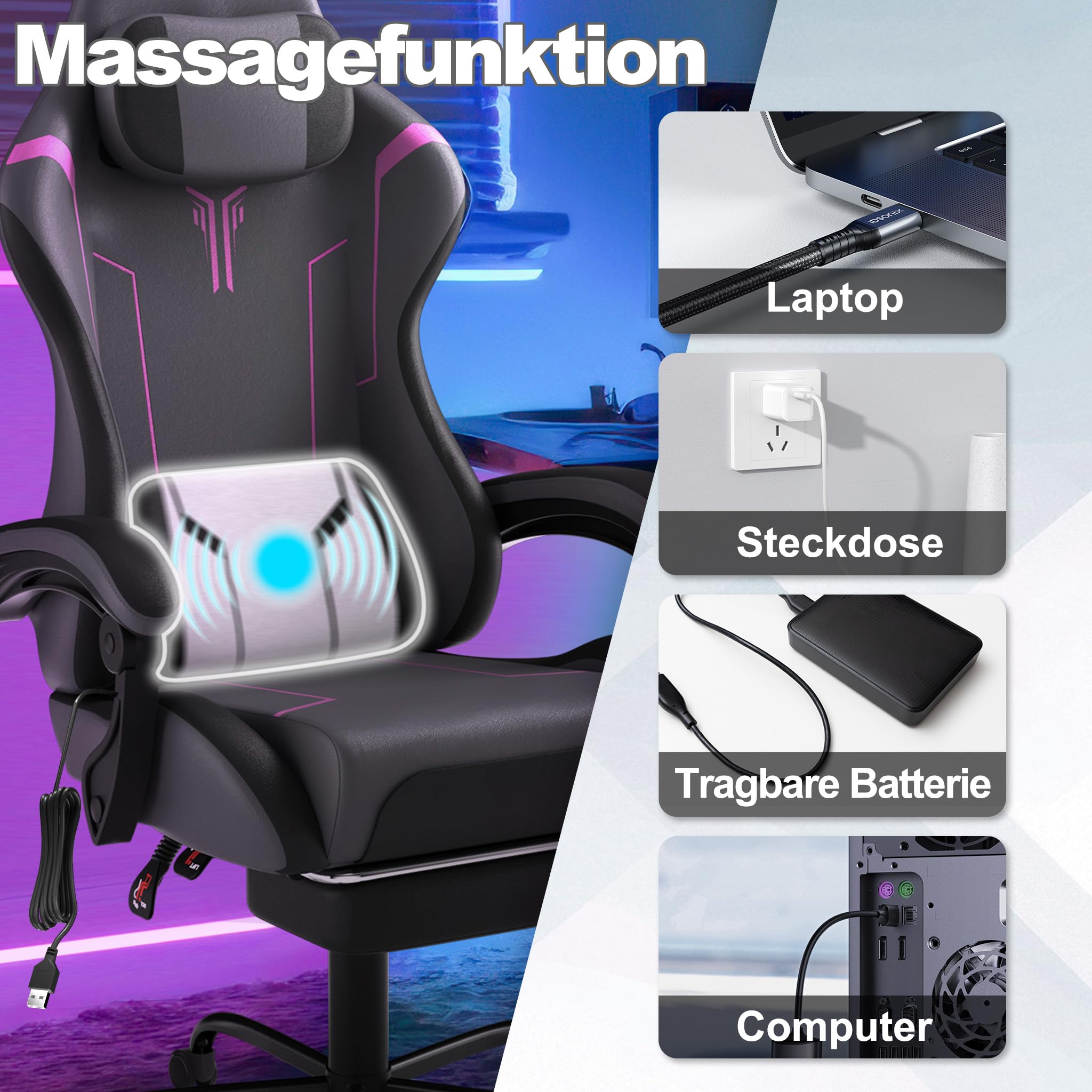 YHome Sedia da gaming da ufficio, regolabile in altezza, con cuscino, cuscino lombare, poggiapiedi e braccioli, ergonomica, superficie in tessuto vellutato (nero+grigio+viola)