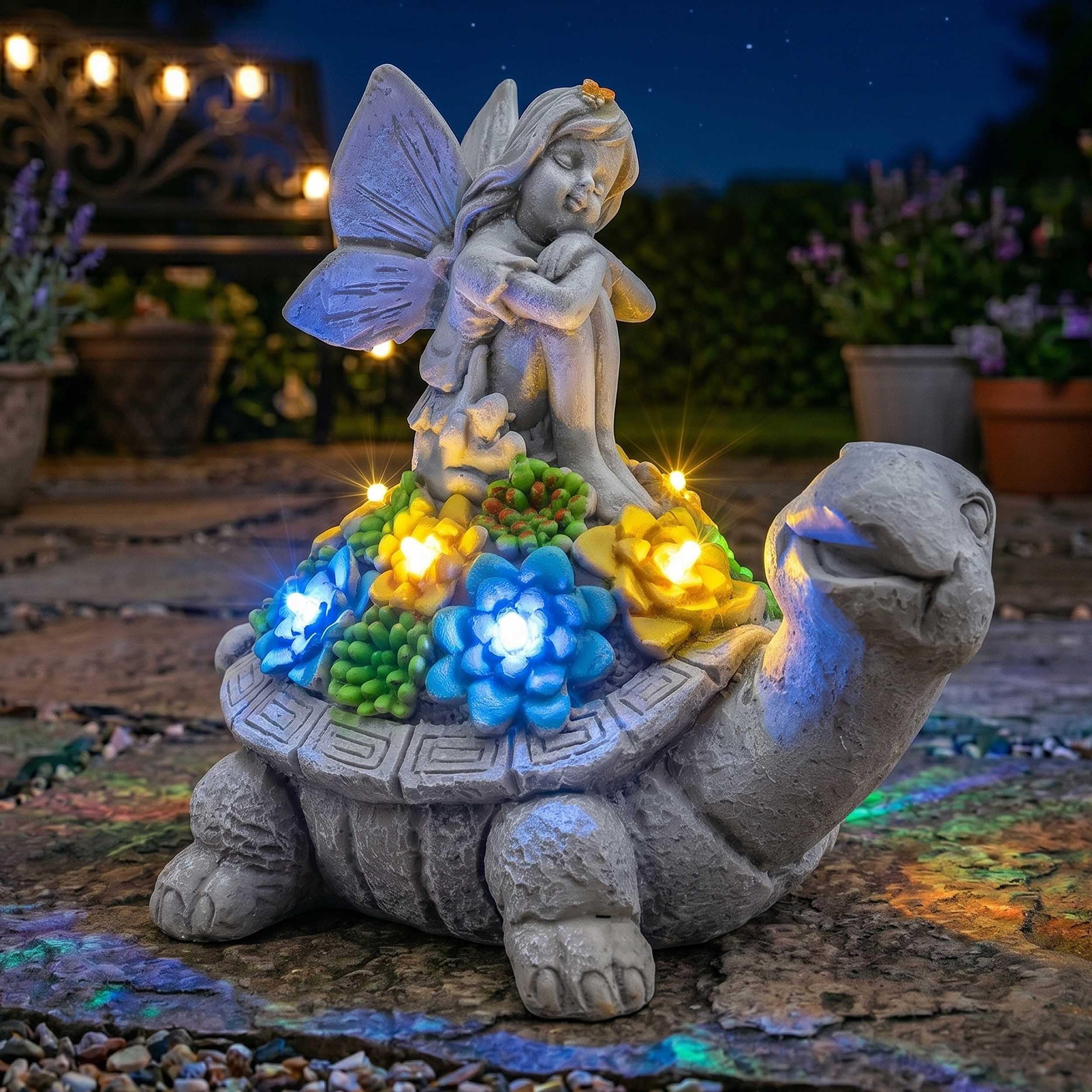 Solar Turtle Fairy Garden Ornament with LED Lights – Pack of 1 - 20cm/7.8 inch Outdoor Tortoise Statue with Succulent Plant and Fairy on its Back, Decorative Figurine for Patio Balcony Yard Lawn — image 1
