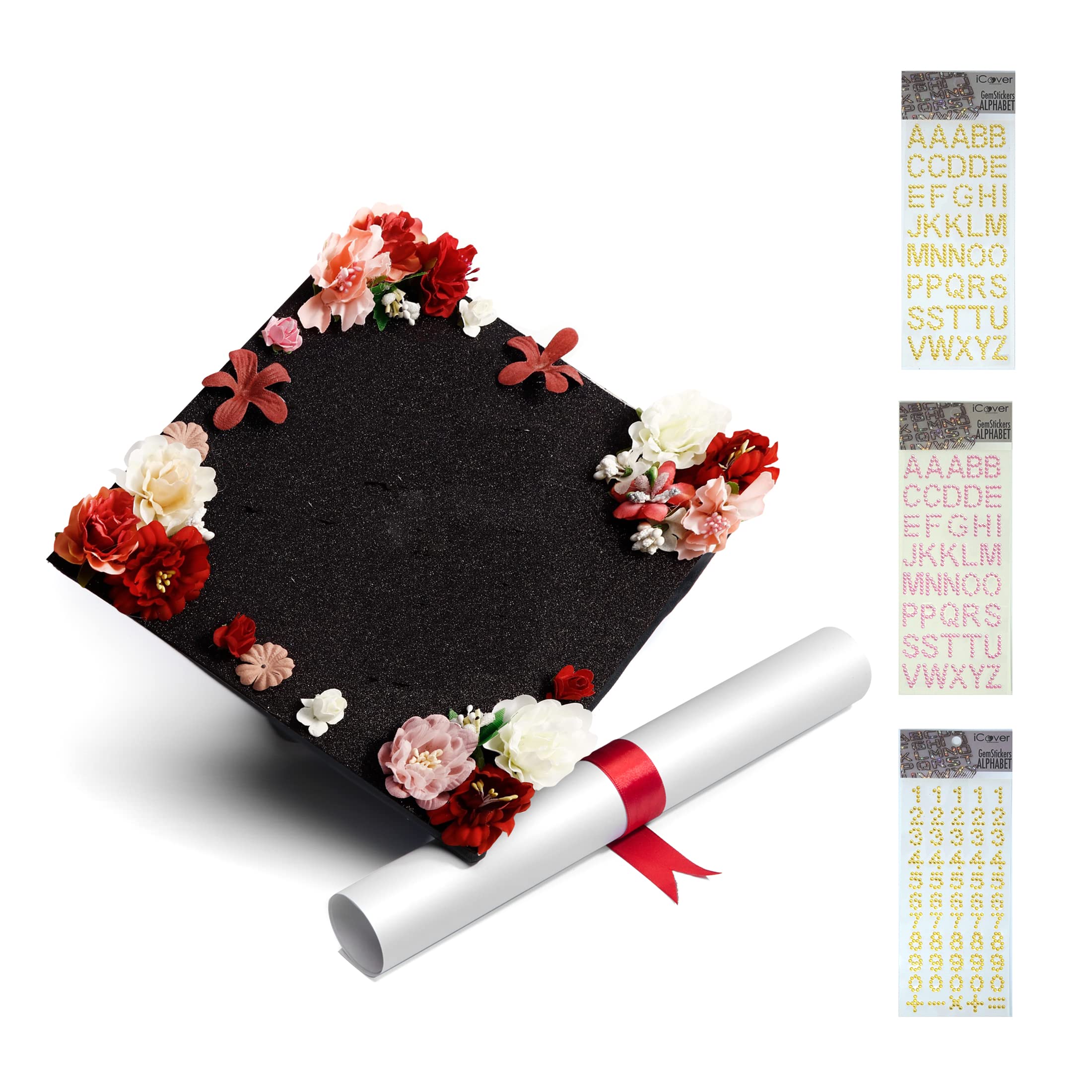 GRADWYSE Glitter Graduation Cap Topper with Flowers, Graduation Cap Decorations, Class of 2024 Grad Cap Topper