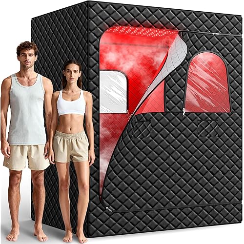 iTHERAU 2 Person Infrared Sauna Box for Home, Portable Steam Sauna Room with 660nm＆850nm Red Light Therapy Lamp, 5-Layer Waterproof, 2 Steamers, 2 Folding Chair, 2 People Red Light Sauna