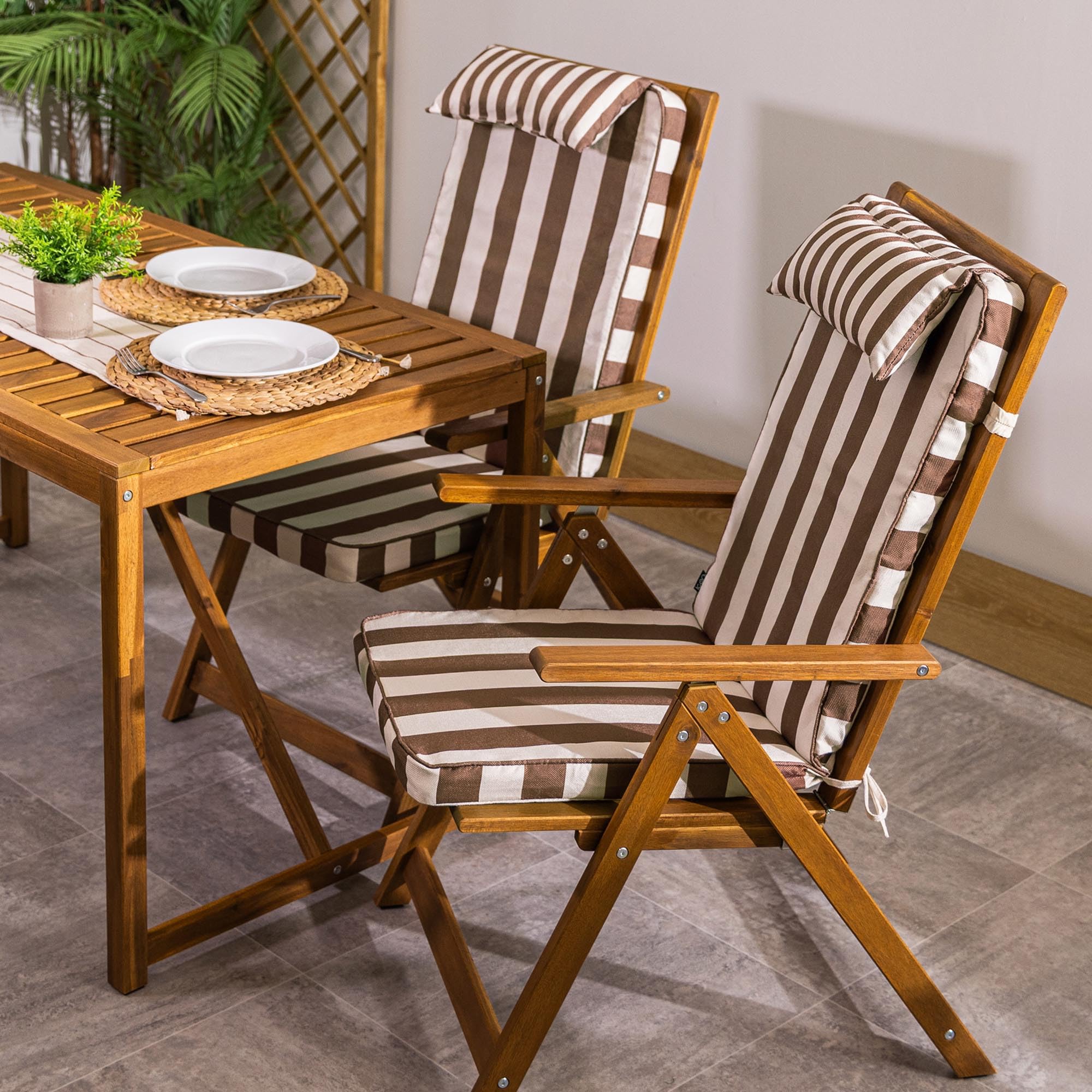 icon Outdoor High Back Seat Pad with Filling, Set of 2, Stripe Brown