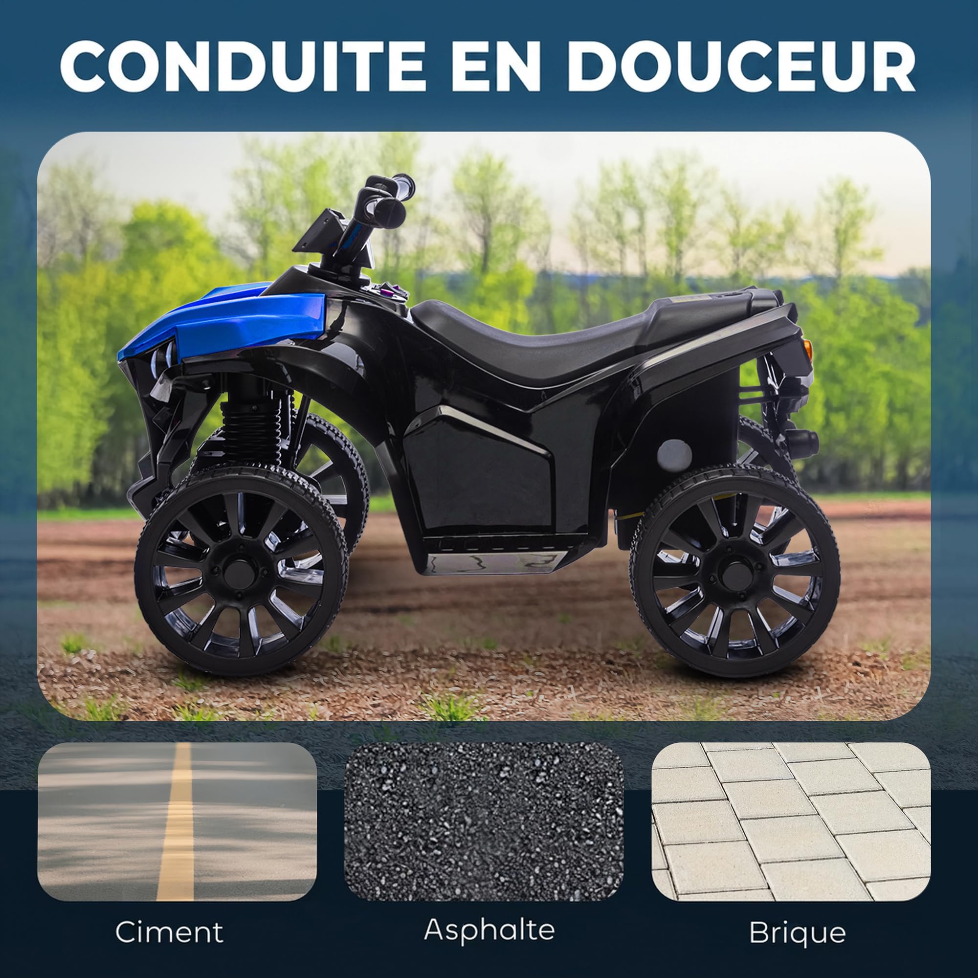 AIYAPLAY Quad Électrique Enfant 6V Musique LED 4 Roues 18-56 Mois Bleu