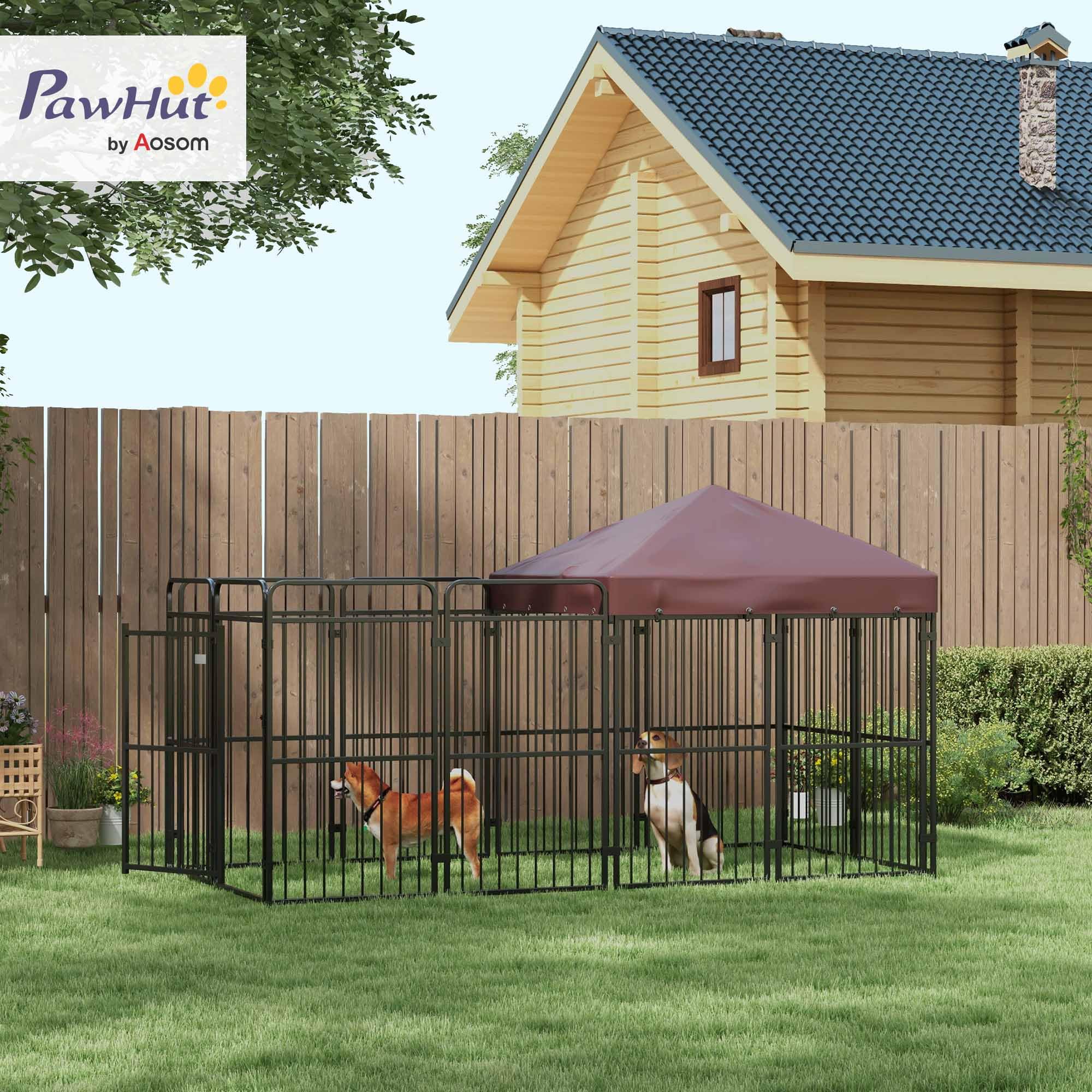 PawHut Zwinger für Hunde im Freien, Hundezwinger mit wasserdichtem Anti-UV-Dach, Metallkäfig für große Hunde, 282x141x159cm, braun