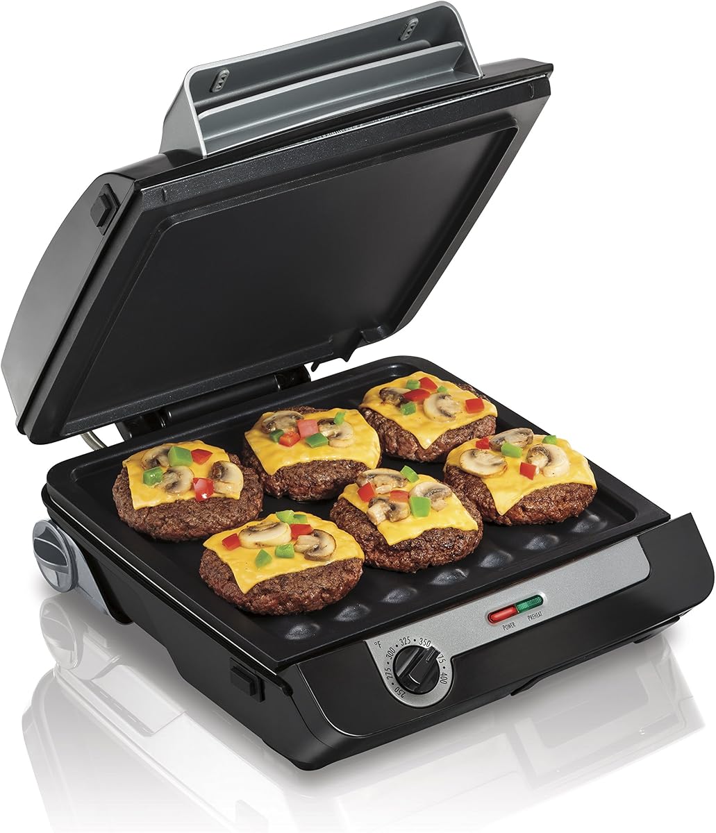 Combinación de parrilla eléctrica para interiores y plancha eléctrica 4 en 1 | Se abre una superficie de cocción antiadherente sin PFAS de 200 pulgadas cuadradas | Placas de parrilla y plancha intercambiables extraíbles | Negro y Plata