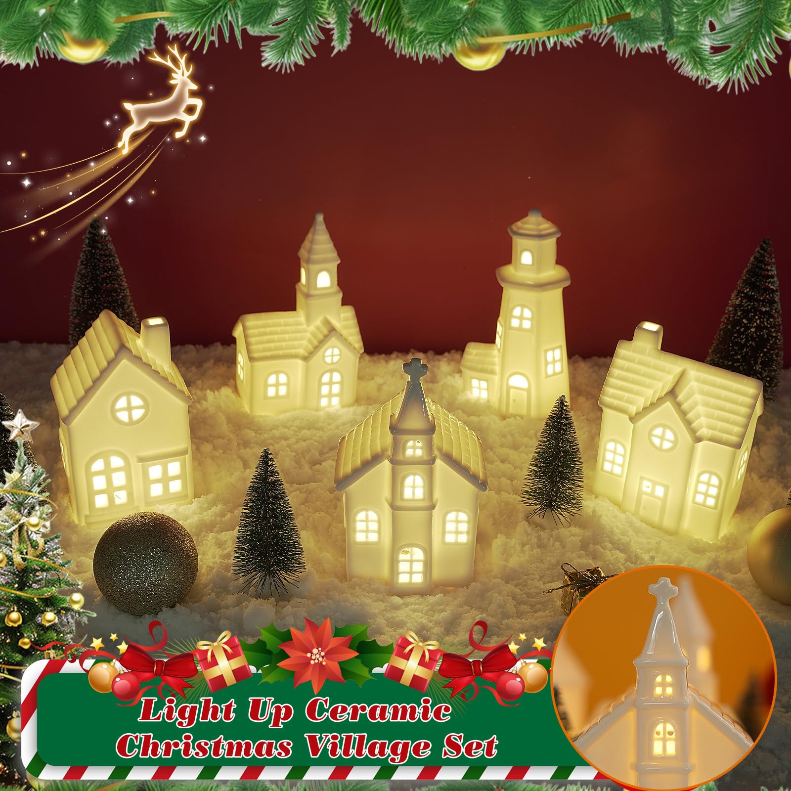 Weihnachtsdorfhäuser aus Keramik, beleuchtetes Weihnachtsdorf-Set mit Timer, Porzellan, Weihnachtsdorf-Sets, Keramikhäuser und Dörfer für Weihnachtsfiguren, Heimdekoration, 11 Stück