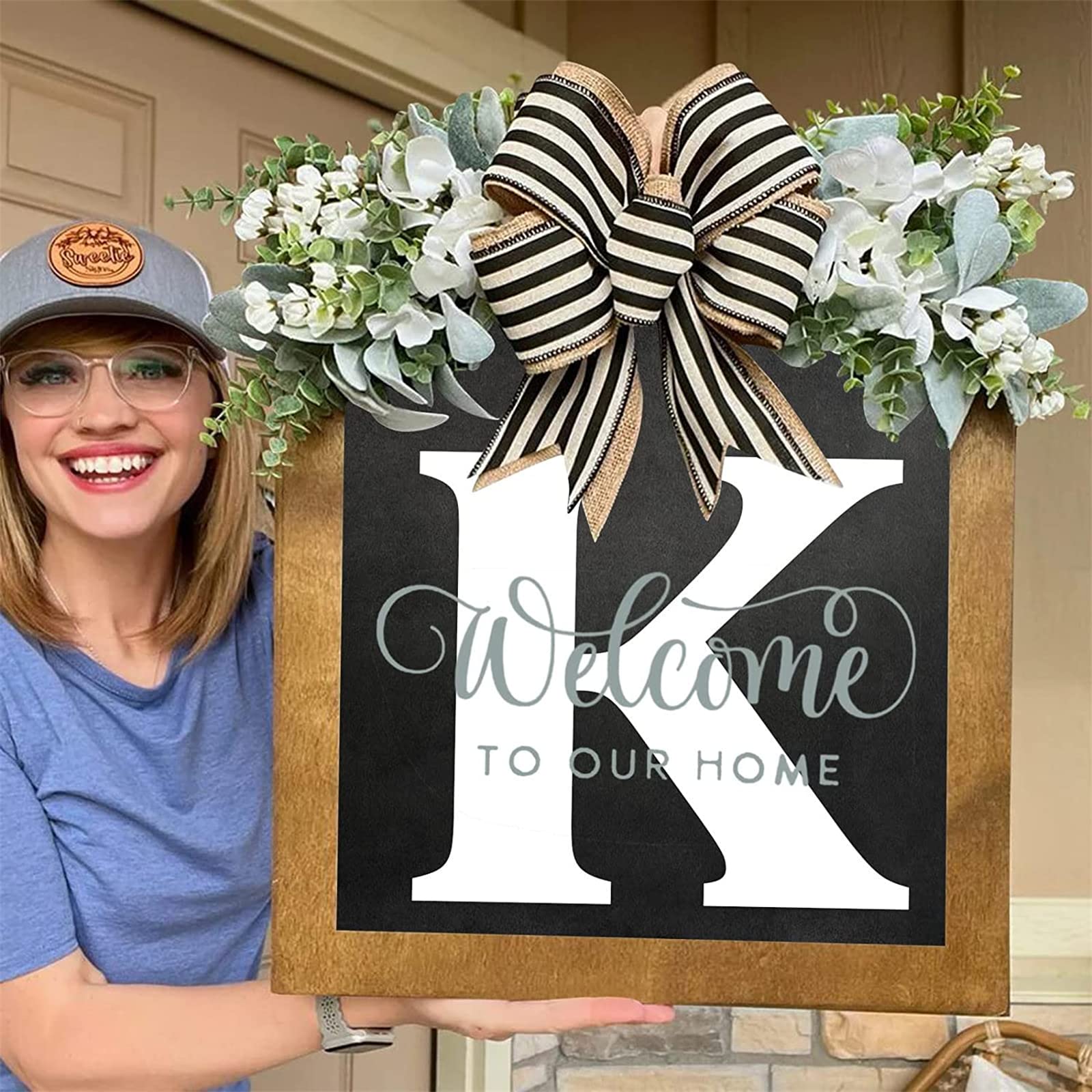 16'' Personalized Last Name Welcome Sign, Door Wreaths for Front Door Outside, Spring Wreath for Front Door Decor, Farmhouse New Home Gifts for Home (K)