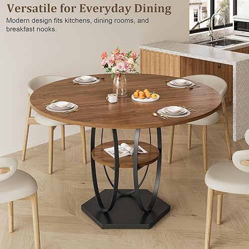 Miniatura 7 de Mesa de comedor redonda de 47 pulgadas para 4-6 personas, mesa de madera moderna con base de pedestal de metal resistente, fácil montaje, mesa de