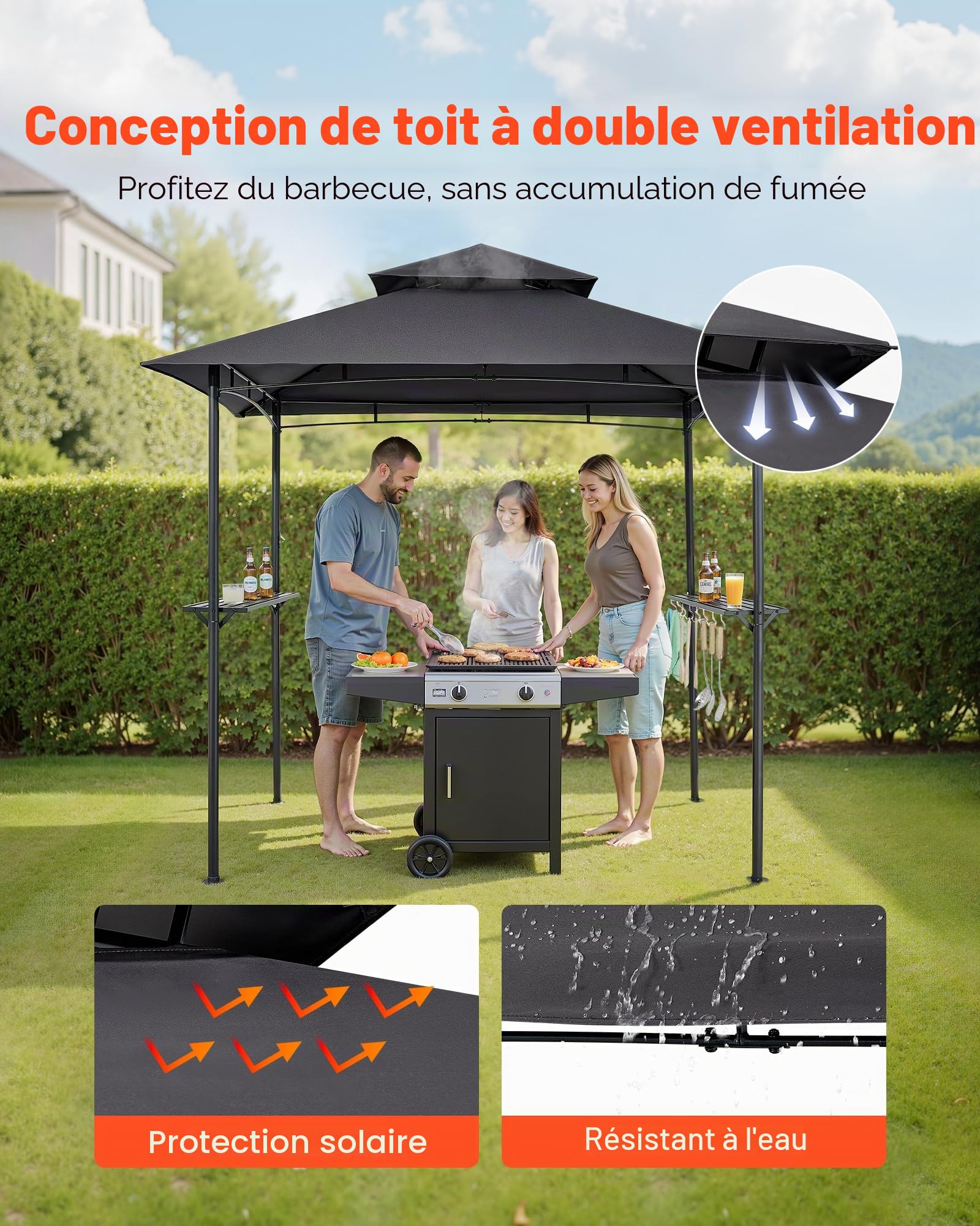 VEVOR Gazebo de Barbecue, 243 x 150 cm, Tonnelle de BBQ Extérieur avec Toit à 2 Niveaux, Abri de Barbecue de Patio en Acier à Revêtement de Poudre, pour Grillades, Fêtes, Pique-niques, Jardin, Patio
