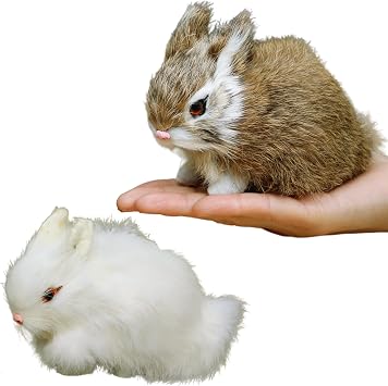 Easter Bunny Plush Figurine - 2 Piece Mini Realistic Rabbit Staffy for Spring Basket, Home Decoration, Photoshoot Prop, Mantel Display Ideal GiftWhite+Brown