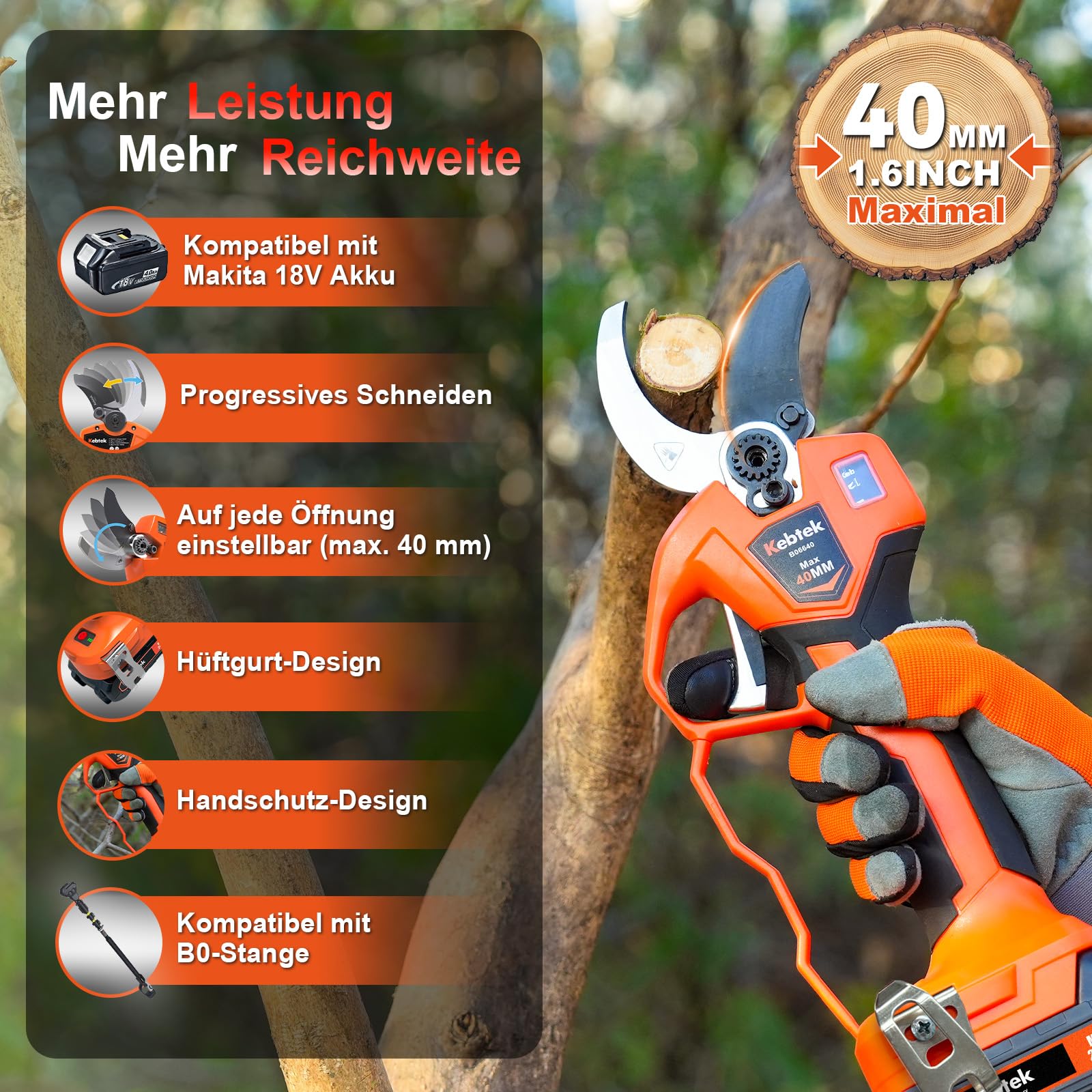 Kebtek Elektrische Gartenschere mit Akku progressive Schnittfunktion 40mm | KST 21V Astschere Akku 1,6Zoll Robust für Obstplantagen und Gartenbau kompatibel mit Makita 18V-Akkus