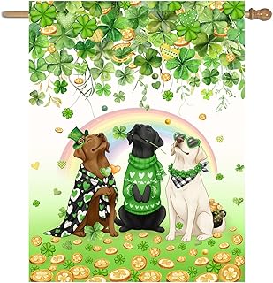St Patricks Day Dog House Flag 28 x 40 Double Sided Outside White Chocolate Black Lab Garden Banner Labrador Yard Signs for Saint Patrick Spring Outdoor Decorative