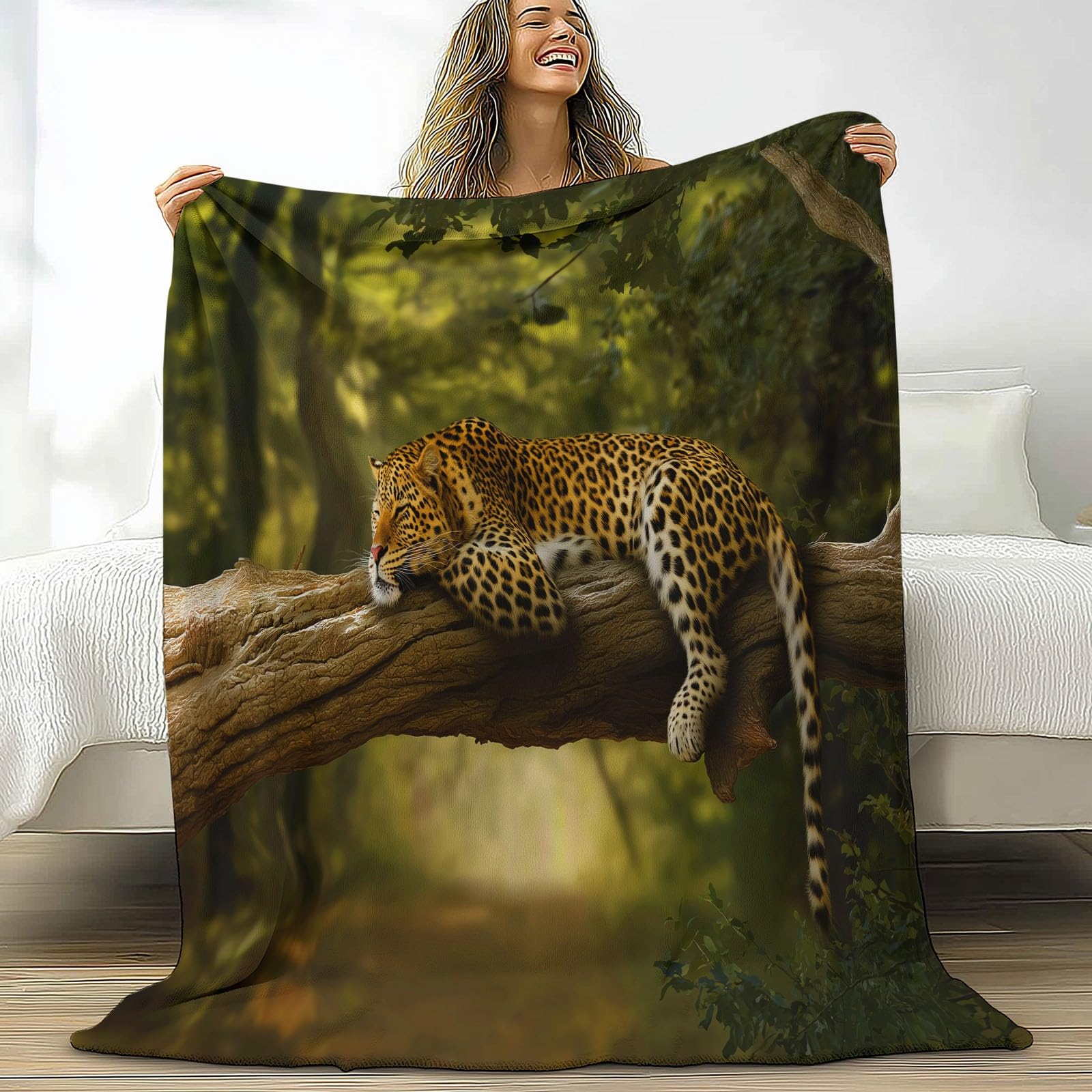 Miękkie gałęzie dżungli, zwierzę, panterka, koc sherpa 221 x 239 cm, dla dzieci dorosłych, natura, krajobraz, nadruk, flanelowa pościel, hipoalergiczna, ciepła narzuta na łóżko, na sofę, krzesło, do