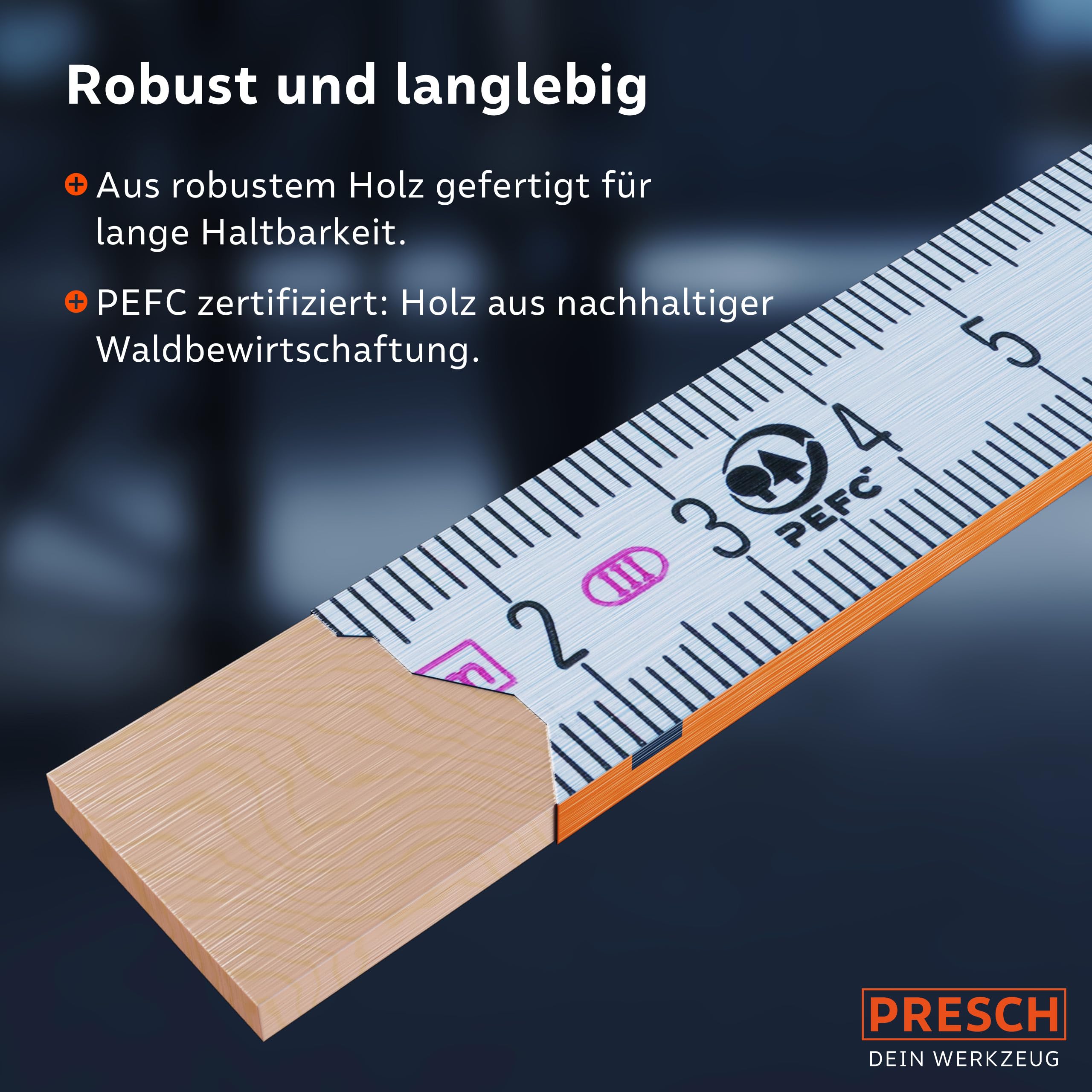 Presch Zollstock Set 2 Meter mit Winkelfunktion 6 Stk. Holz Blau Orange Gliedermaßstab