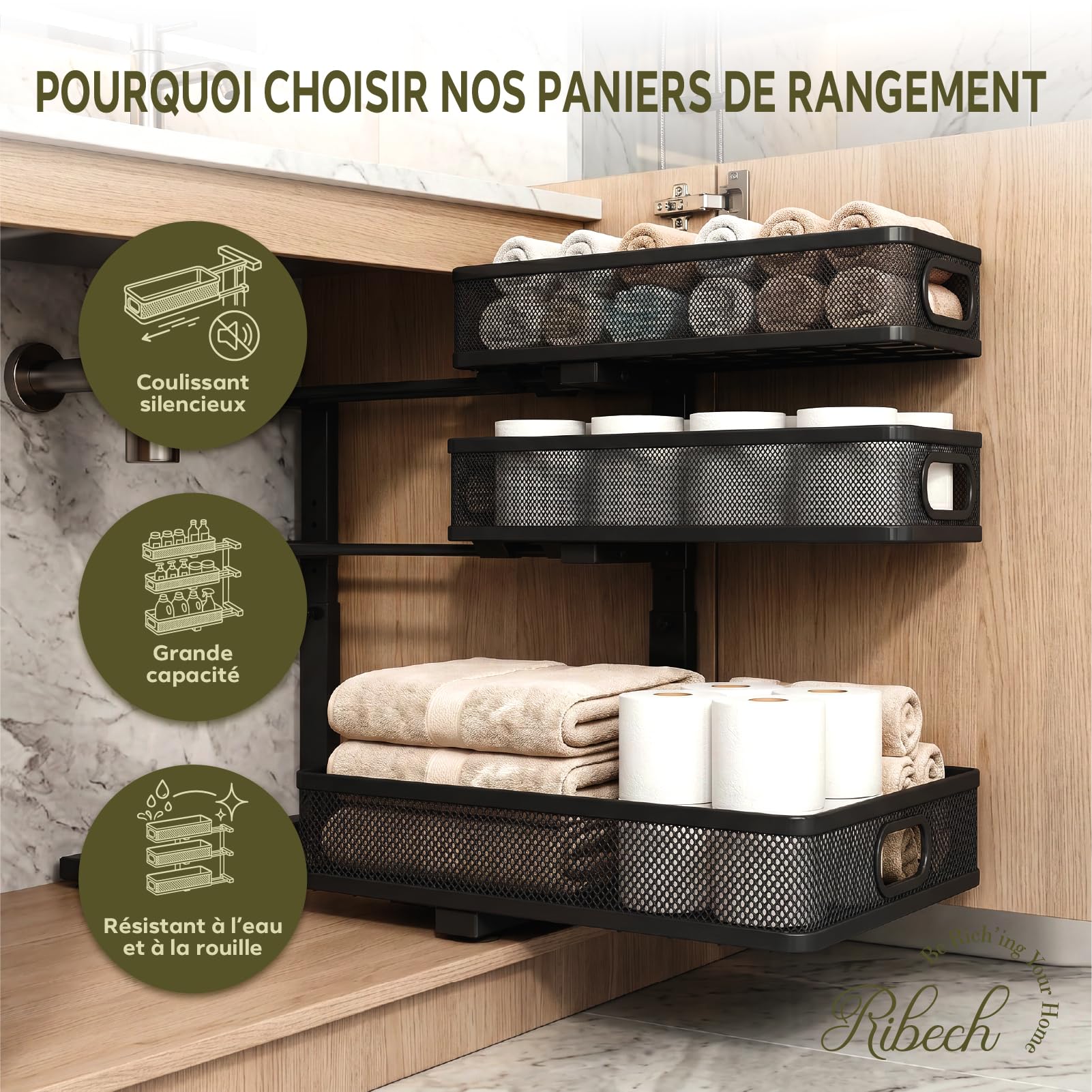 Organisateur 3 Niveaux En Acier Carbone, Réglable & Antidérapant | Tiroirs coulissants fluides, structure acier robuste, pieds stables, compartiments polyvalents, étanche et nettoyage facile