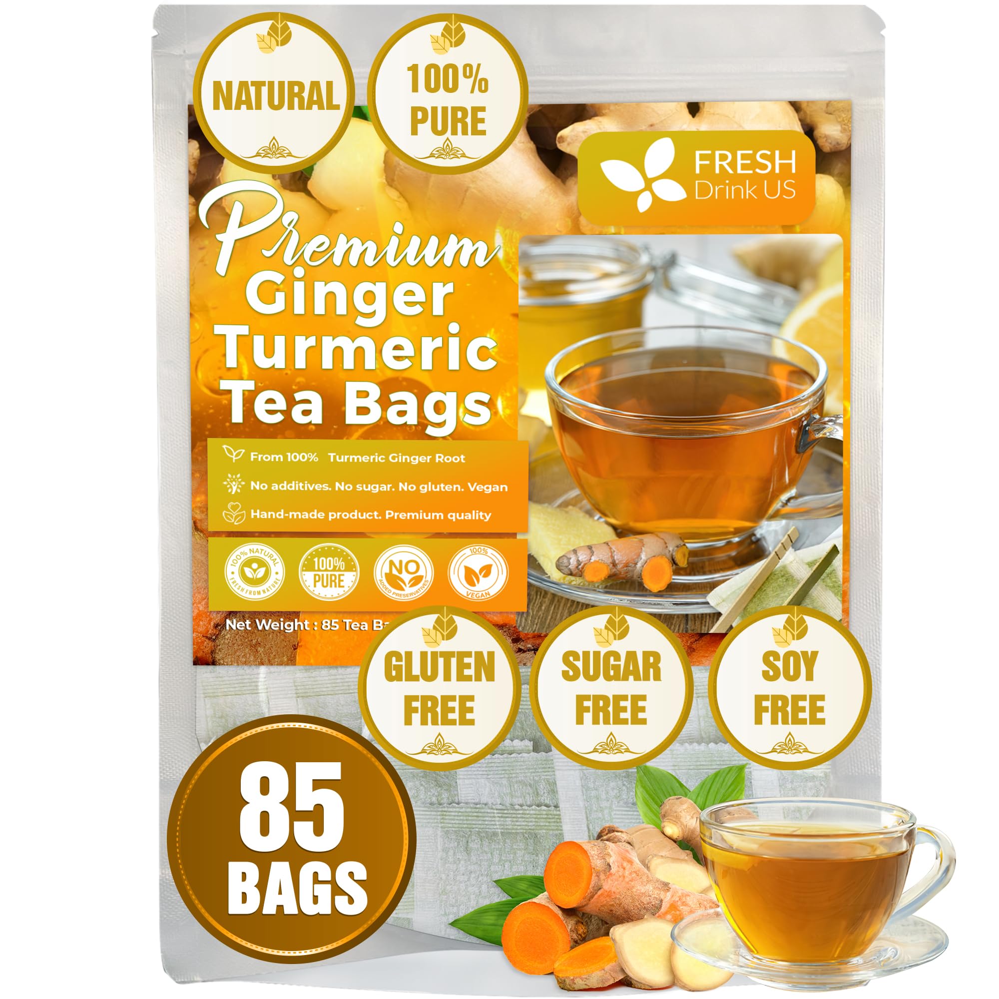 FRESHDRINKUSPremium 85 Ginger Turmeric Tea Bags, 100% Natural Ingredients, Hand-made Blend of Ginger and Turmeric Herbal Tea, Eco-conscious Tea Bags. No Sugar, No Caffeine, No Gluten, Vegan.