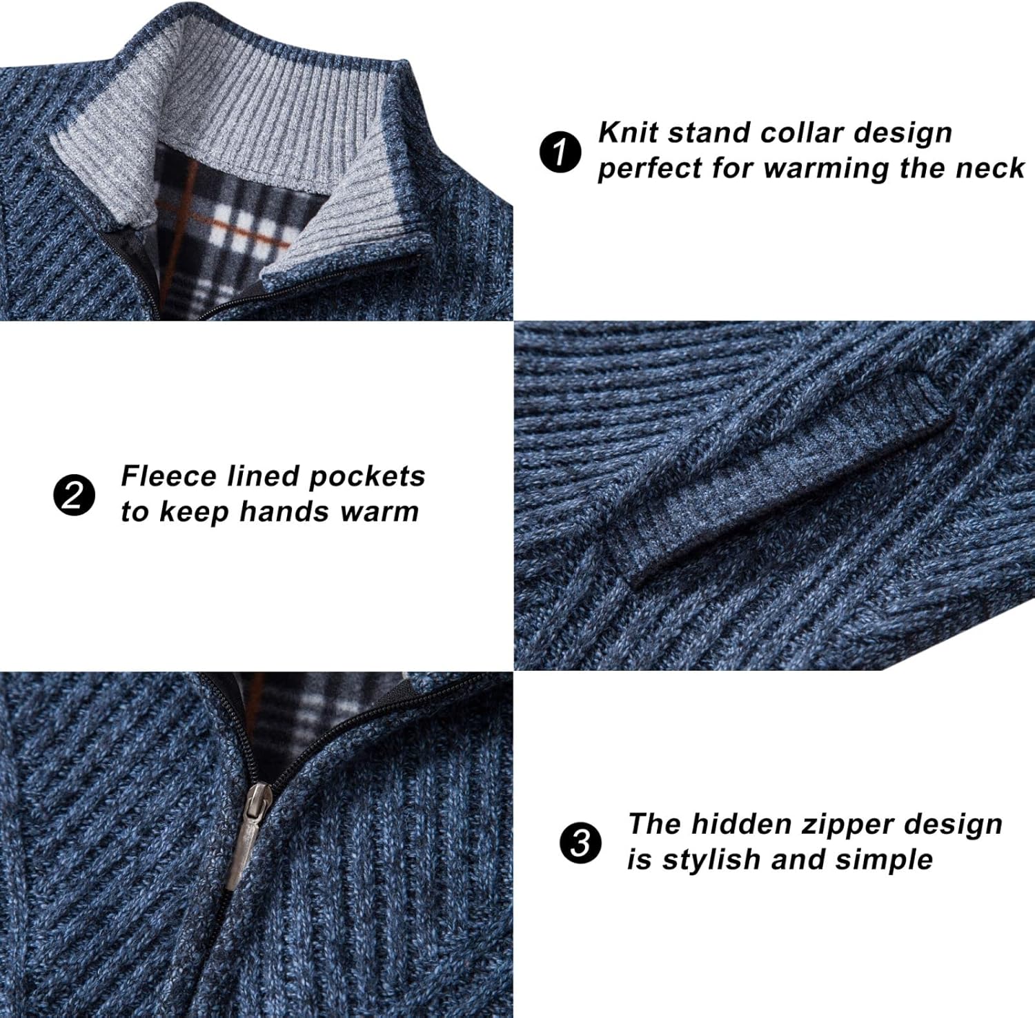 VtuAOL Men's Cardigan Sweaters Full Zip Sweaters Stand Collar Casual Knitted Cardigan with Pockets - Image 3