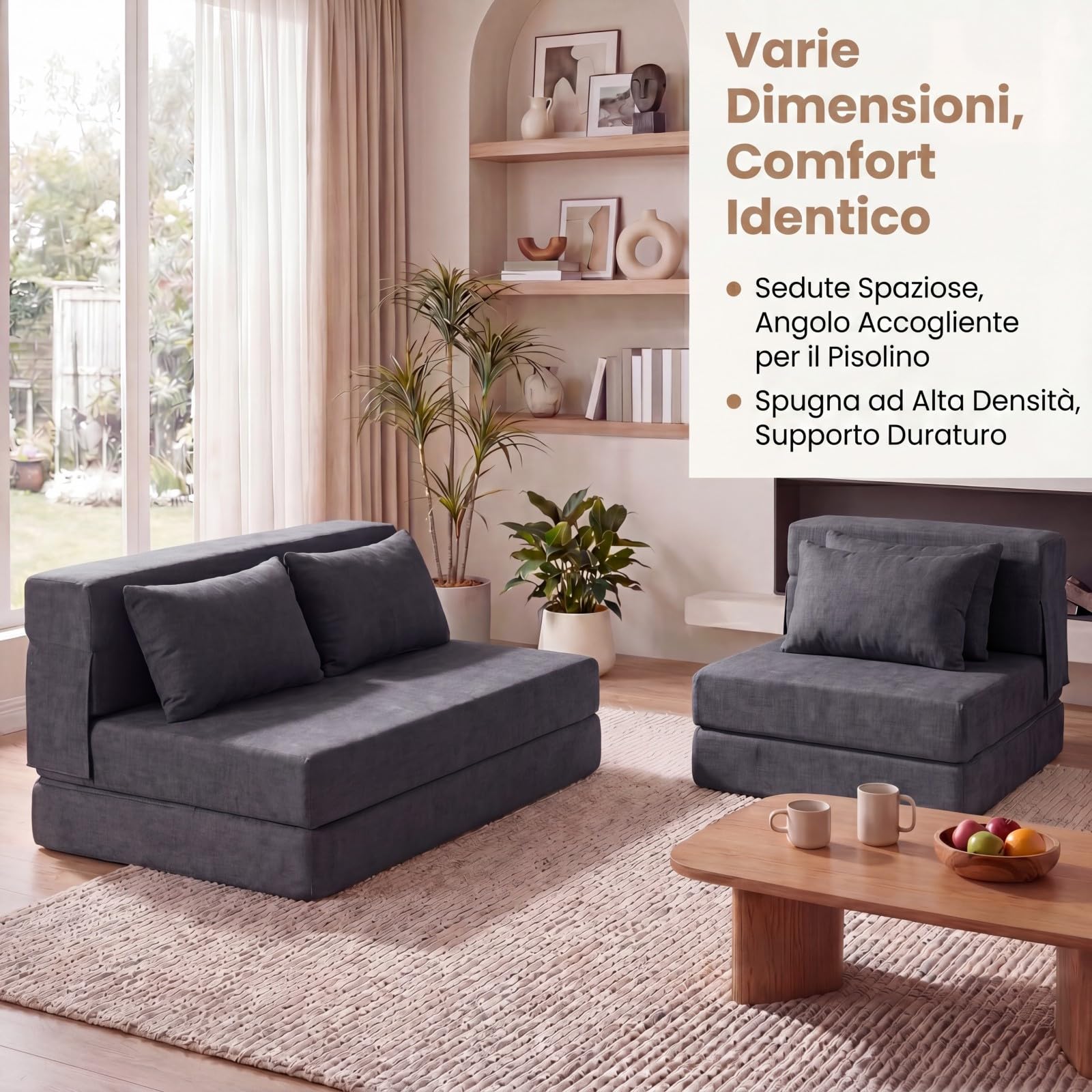 SOARS Divano Letto 2 Posti Pieghevole, 3 in 1 Divanetto Trasformabile con 2 Cuscini, Schiuma ad Alta Densità e Rivestimento in Tessuto Chenille, Poltrona Letto per Soggiorno (Grigio,72 x 76 x 58 cm)