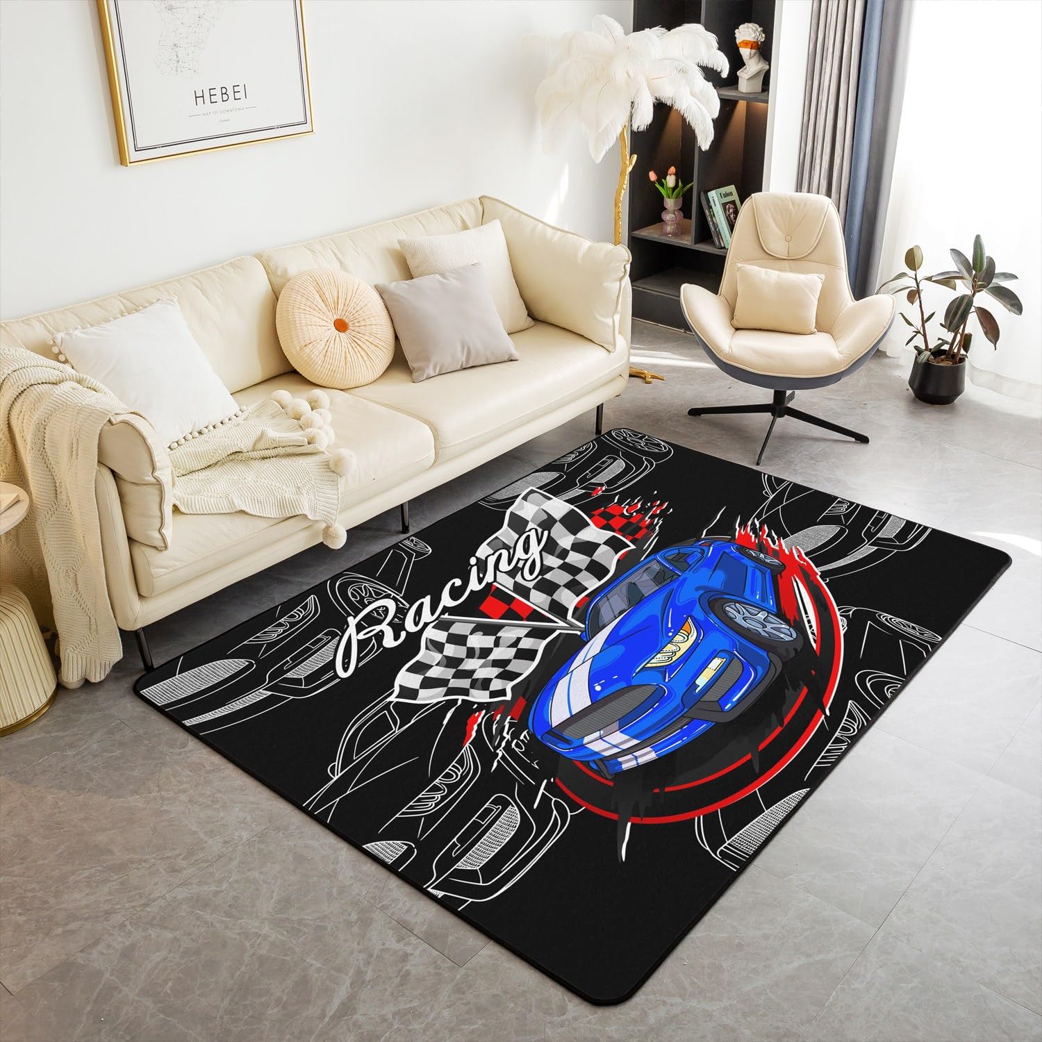 Niebieski dywan do samochodu wyścigowego, 100 cm x 150 cm x 1 cm, kreskówka, czarno-biała flaga konkursu, antypoślizgowy dywan do salonu, sporty ekstremalne, nowoczesna mata podłogowa do wnętrz na