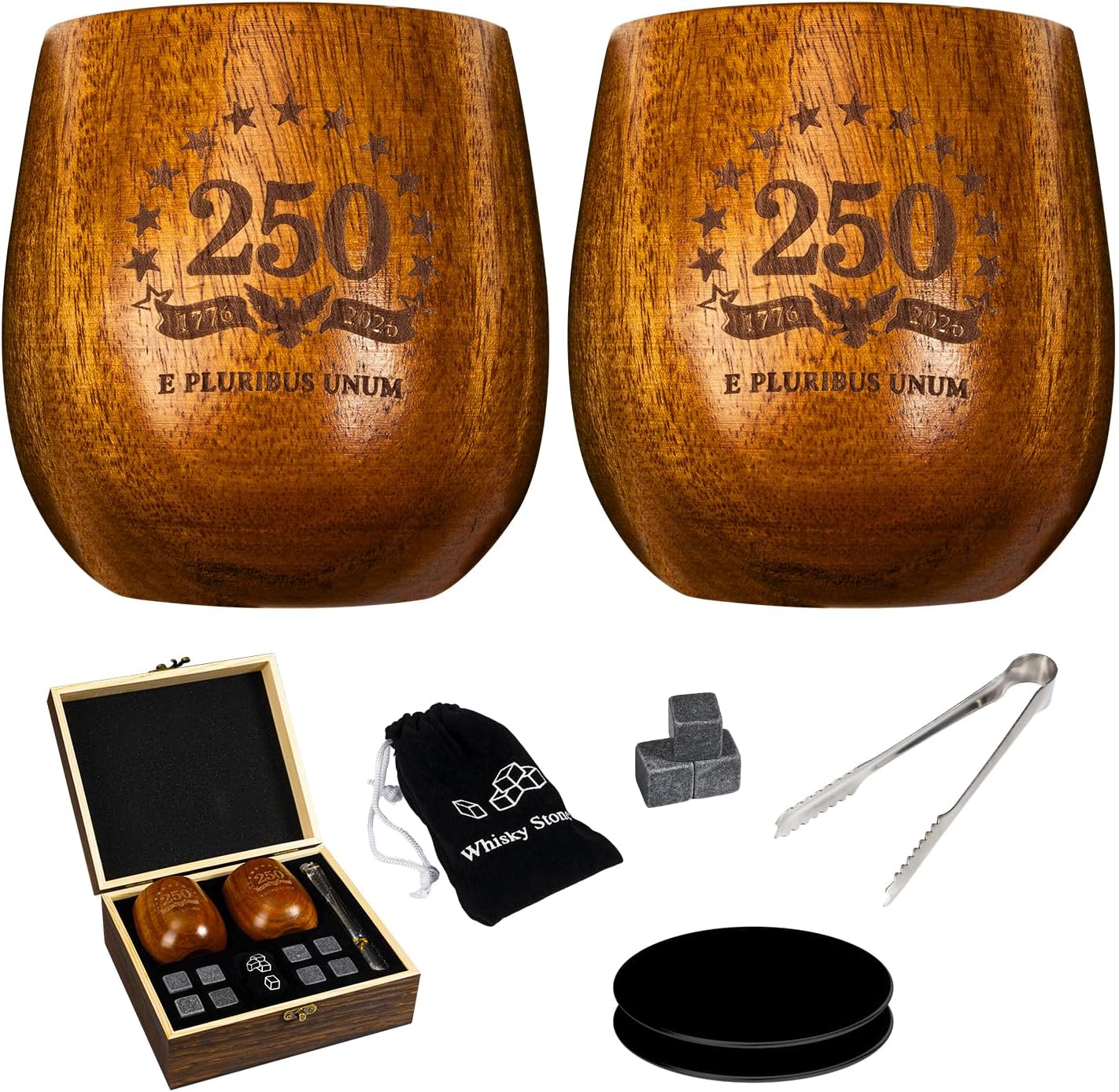 250th Anniversary Wooden Whiskey Glass Set - 1776-2026 Commemorative Handcrafted Bourbon Glasses with Chilling Stones, Tongs & Coasters in Premium Wood Gift Box - Unique Gifts for Men