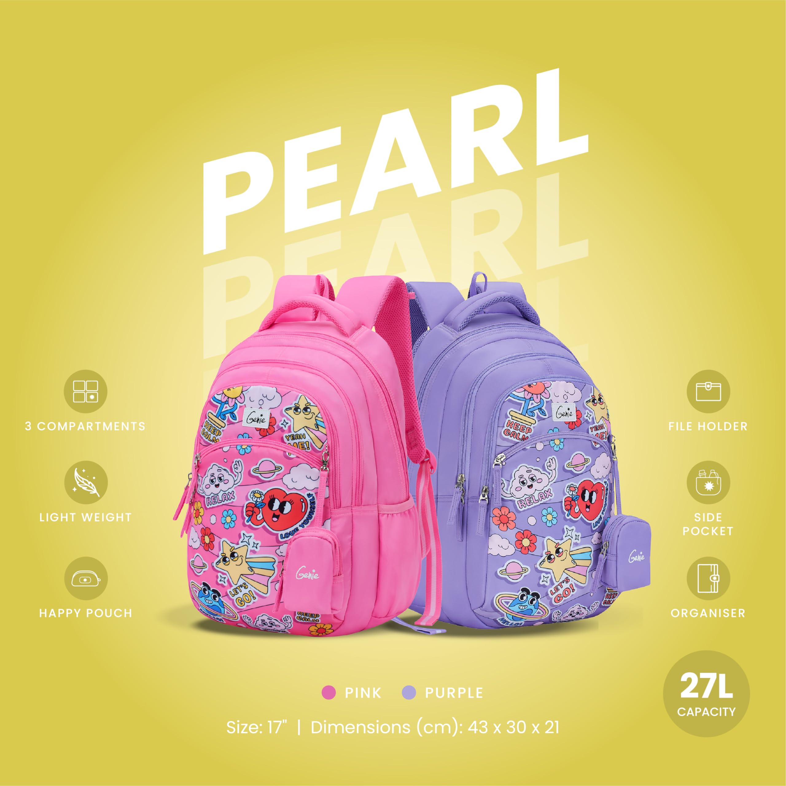 Genie Pearl School Backpack for Girls |17 In-27 Ltr with Three Compartments, Side Pockets and Light Weight with Padded Shoulders |Best for Books,Stationery, Lunch Box & Essentials - Purple 3
