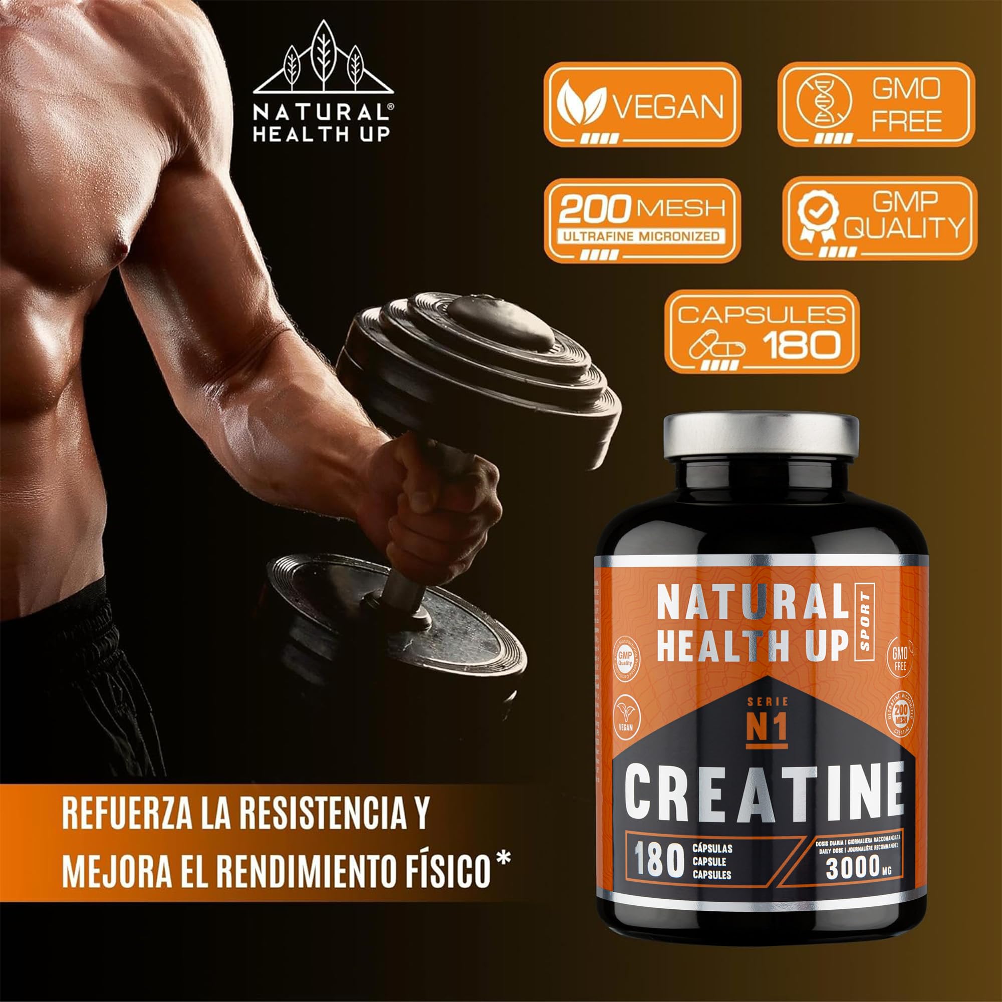 Creatina monohidratada – Complemento alimenticio que facilita el aumento de la masa muscular y refuerza la resistencia y mejora el rendimiento físico. No-GMO |100% Vegano | GMP QUALITY - 180 cápsulas