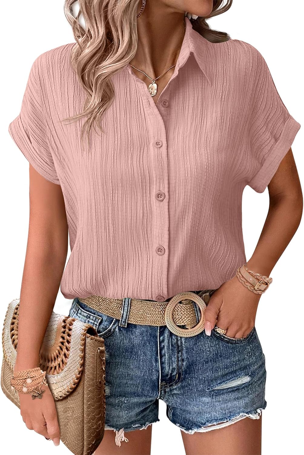 Zeagoo Womens Button Down Shirts Casual Short Sleeve Dress Shirt Textured Collared Summer Clothes Work Blouse